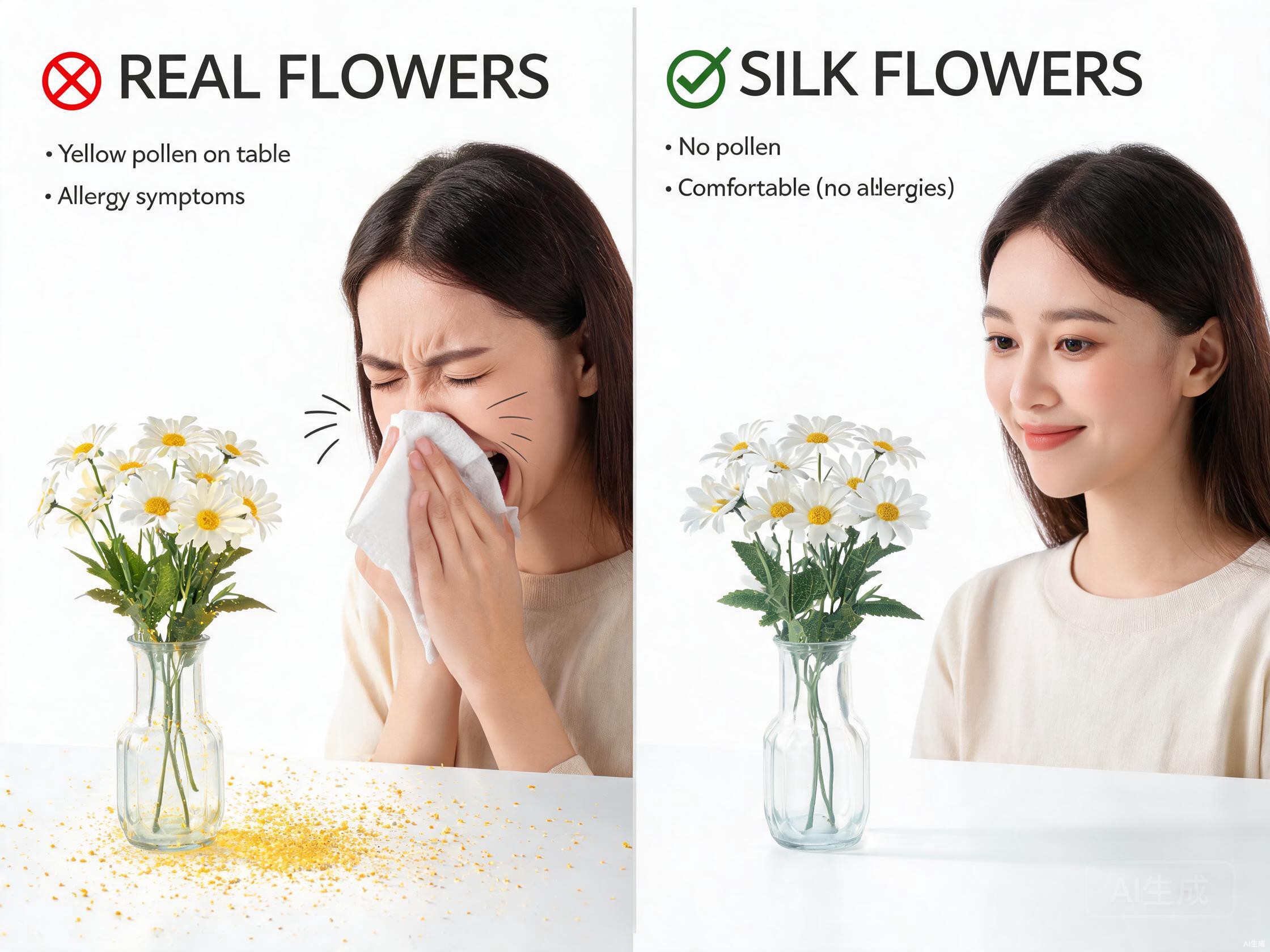Split comparison showing fresh flowers with visible pollen causing allergy symptoms versus clean artificial flowers with no allergic reaction
