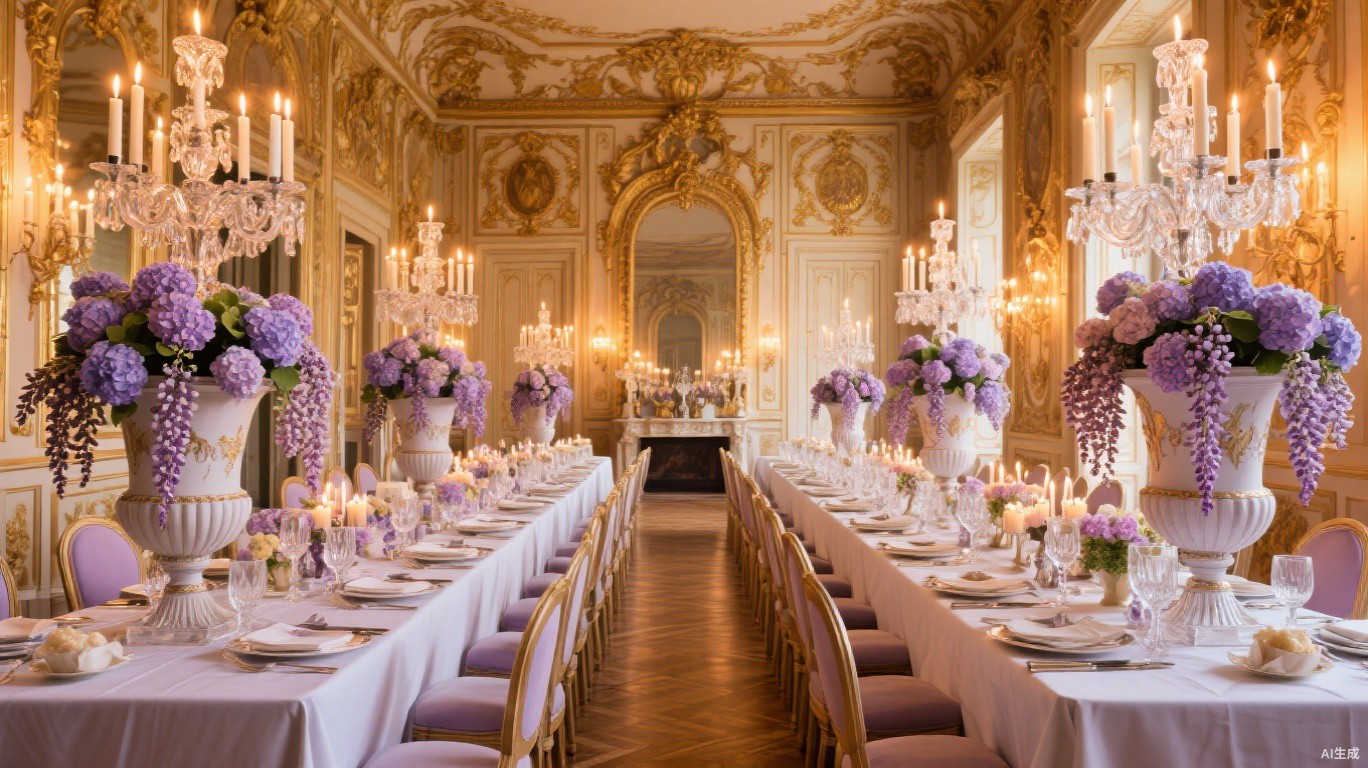 French Versailles banquet hall with artificial wisteria and crystal candelabras - BloomWitness