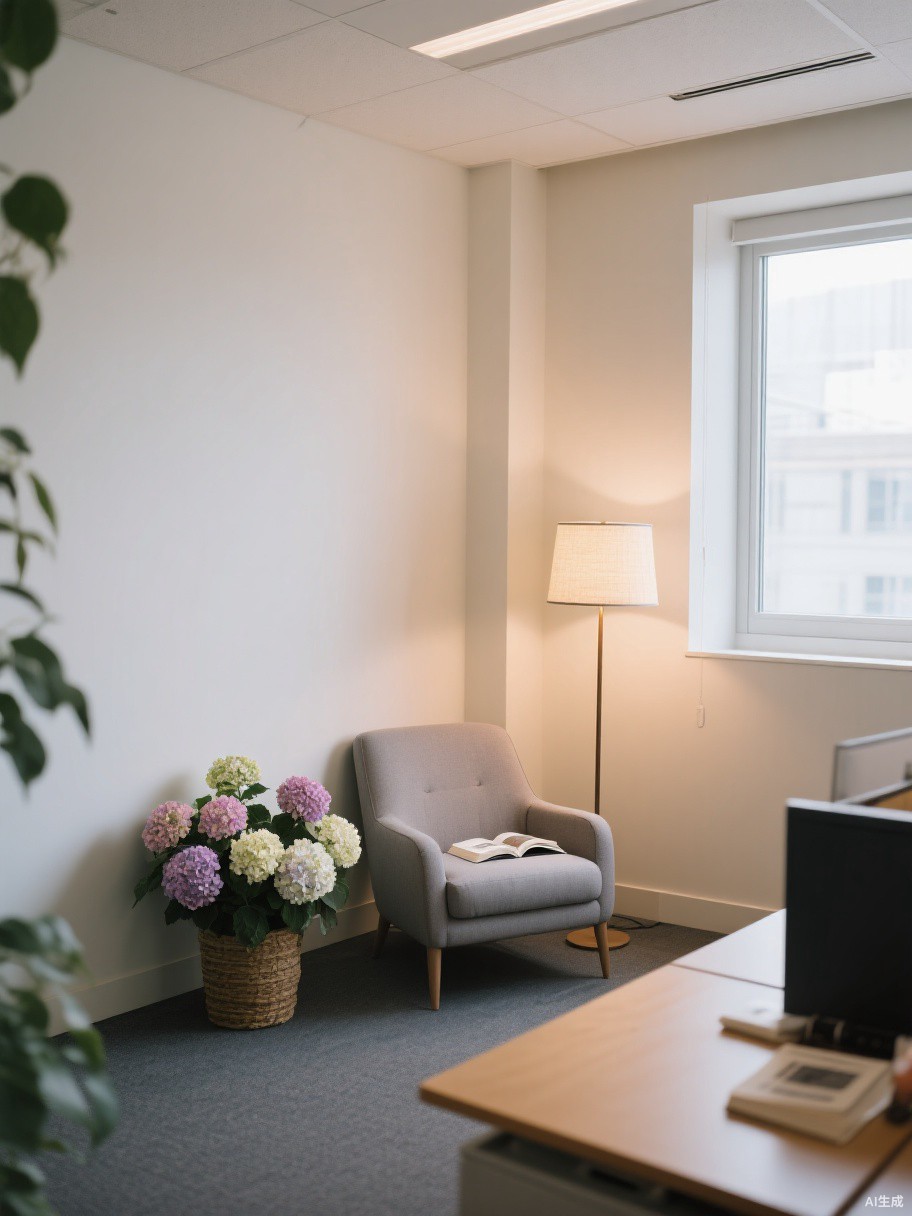Artificial hydrangea arrangement in reading corner - BloomWitness