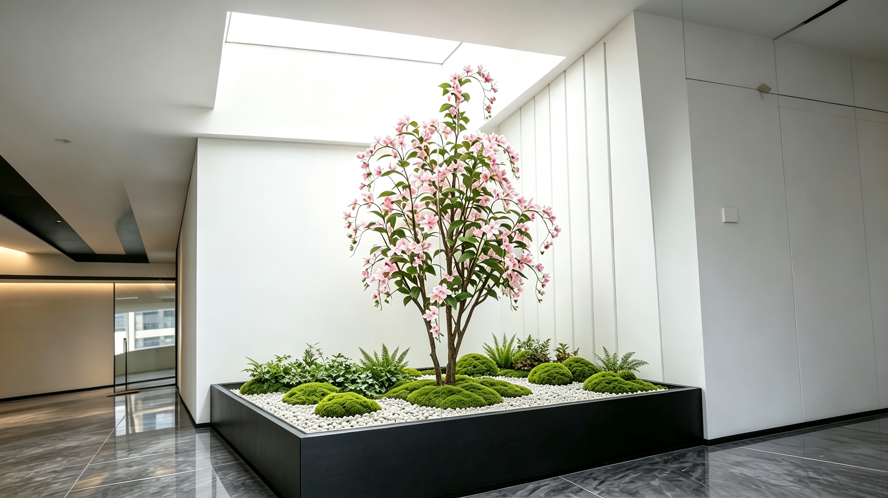 Modern indoor orchids and hydrangeas in black planter