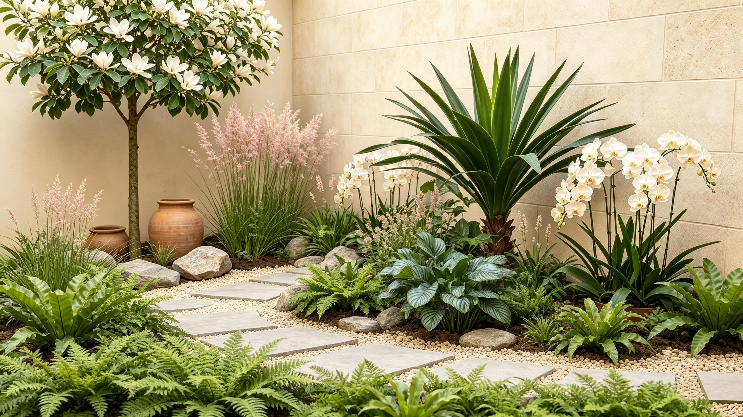 Artificial olive tree and hydrangea stone path garden