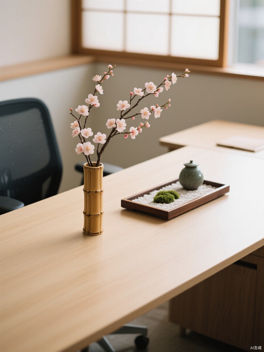 Artificial Japanese cherry blossom arrangement on desk - BloomWitness