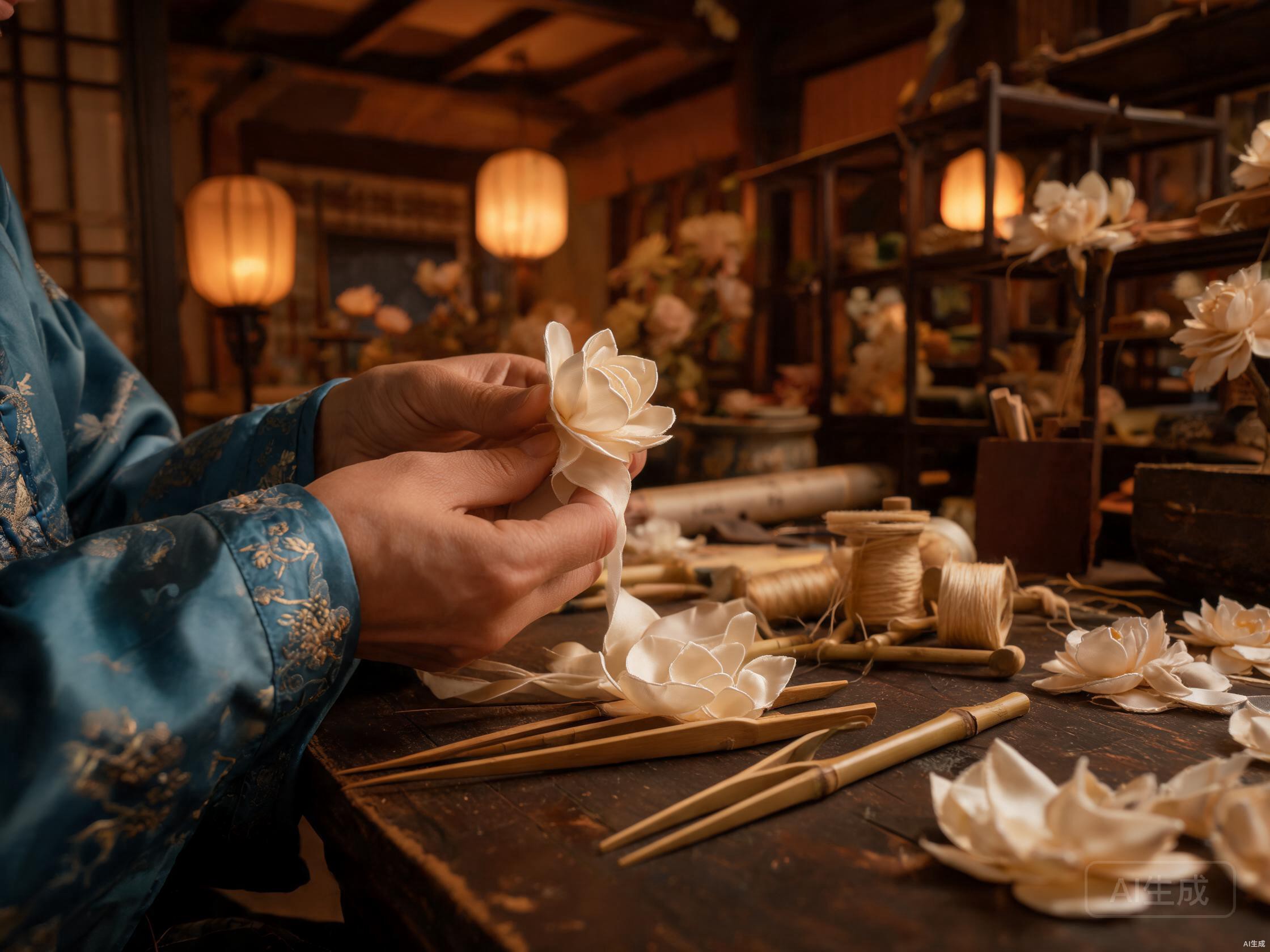 Historical recreation of traditional Chinese artisan crafting silk flowers from real silk fabric