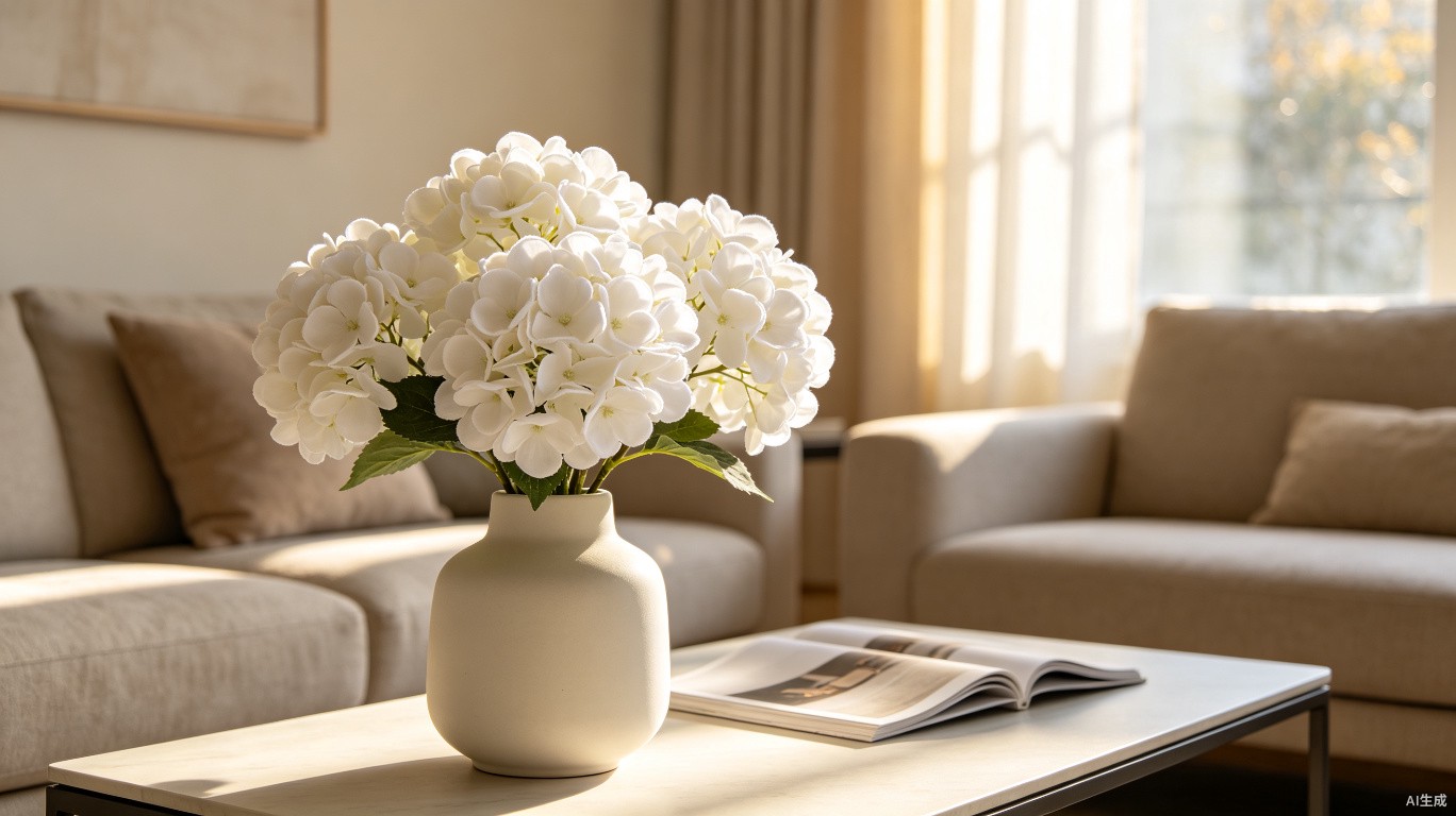 BloomWitness Hydrangea Real Touch displayed in a ceramic vase on a modern coffee table with warm sunlight