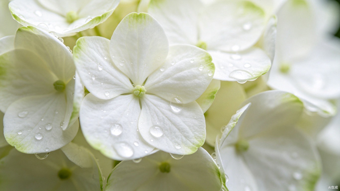 Close-up macro photography of real touch hydrangea petals showing realistic texture with water droplets