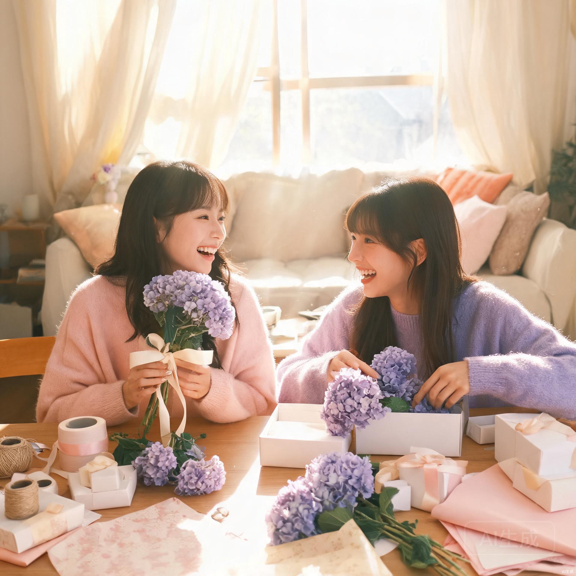 Two girls making a purple hydrangea gift together at home in a warm setting