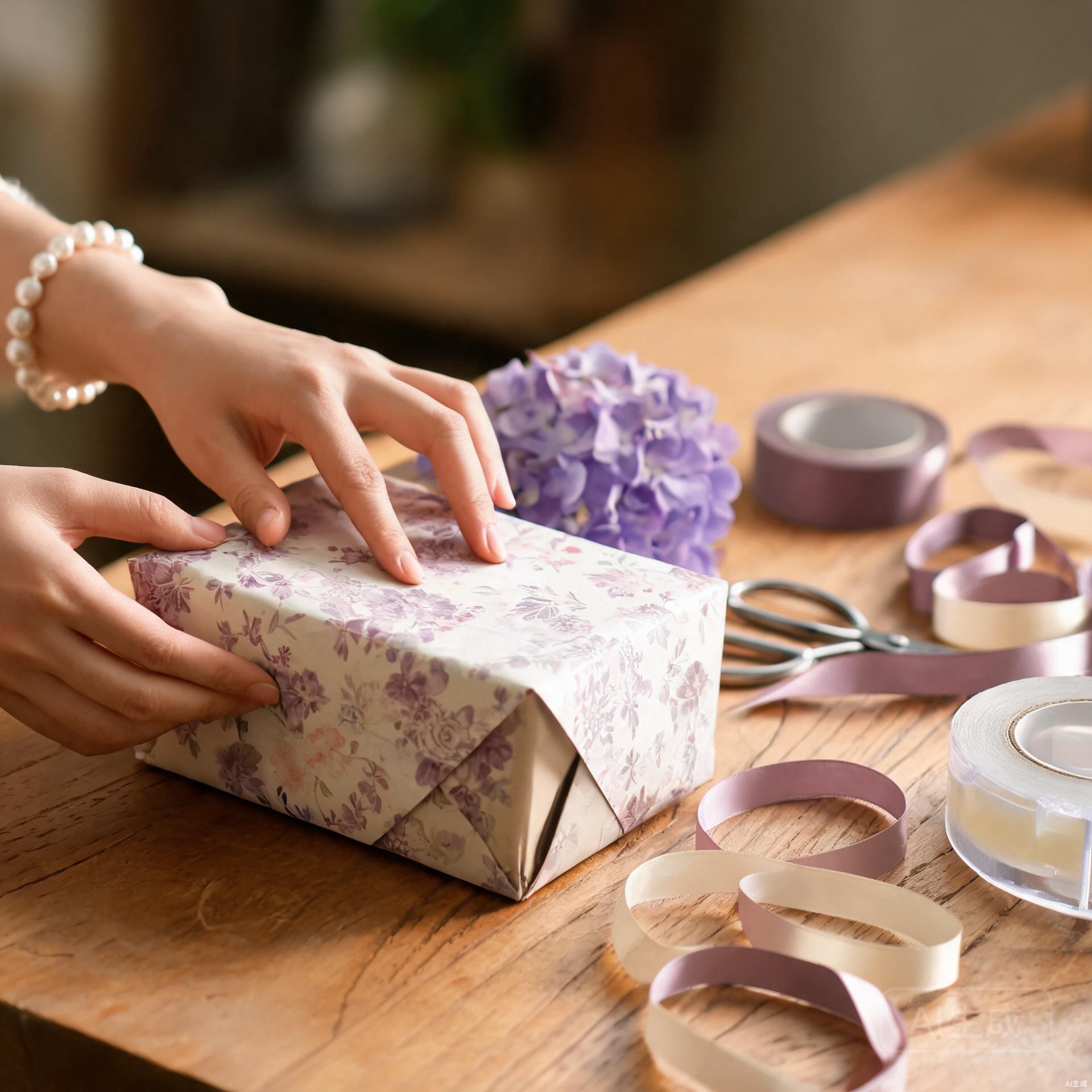 DIY gift making process: wrapping the gift box and arranging the hydrangea