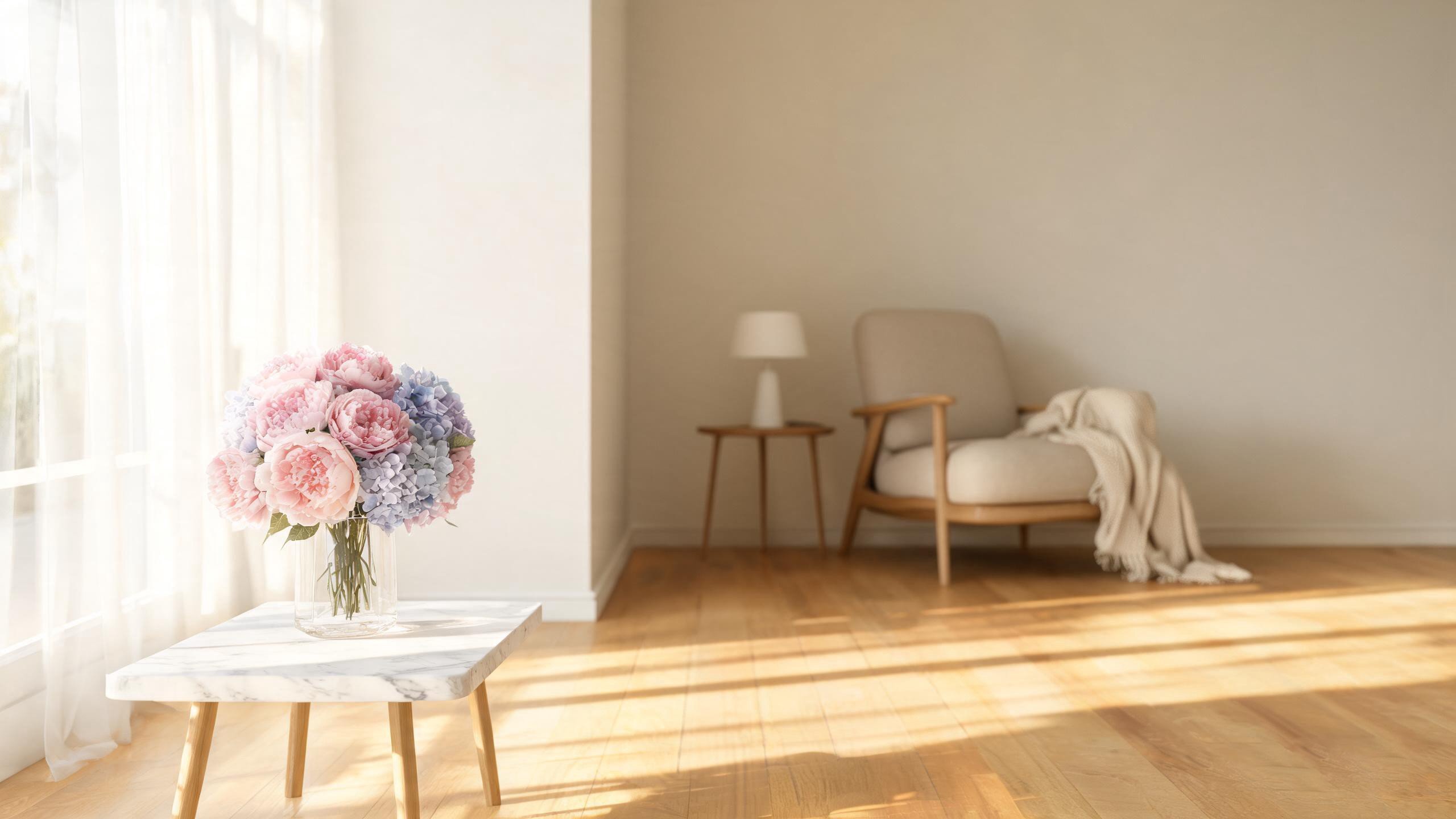 Beautiful living room interior with premium artificial silk flowers in a glass vase on a marble table