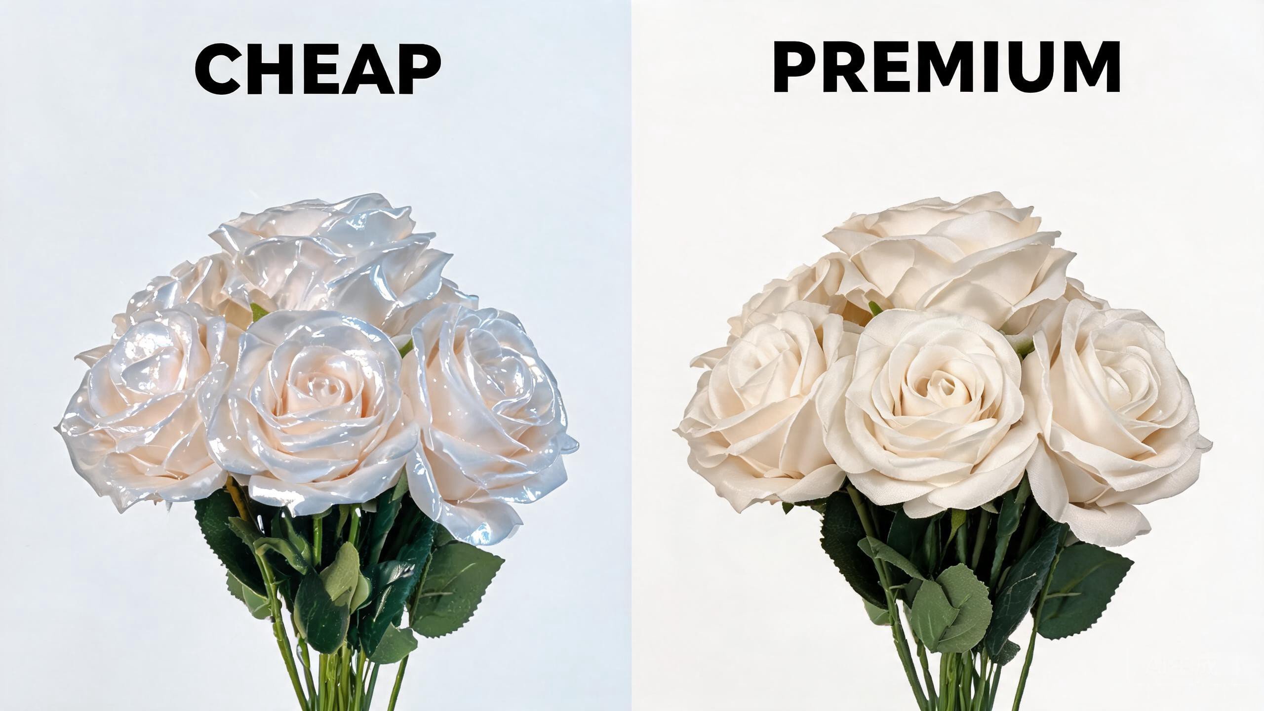 Comparison of cheap glossy vs premium matte artificial flowers under indoor lighting