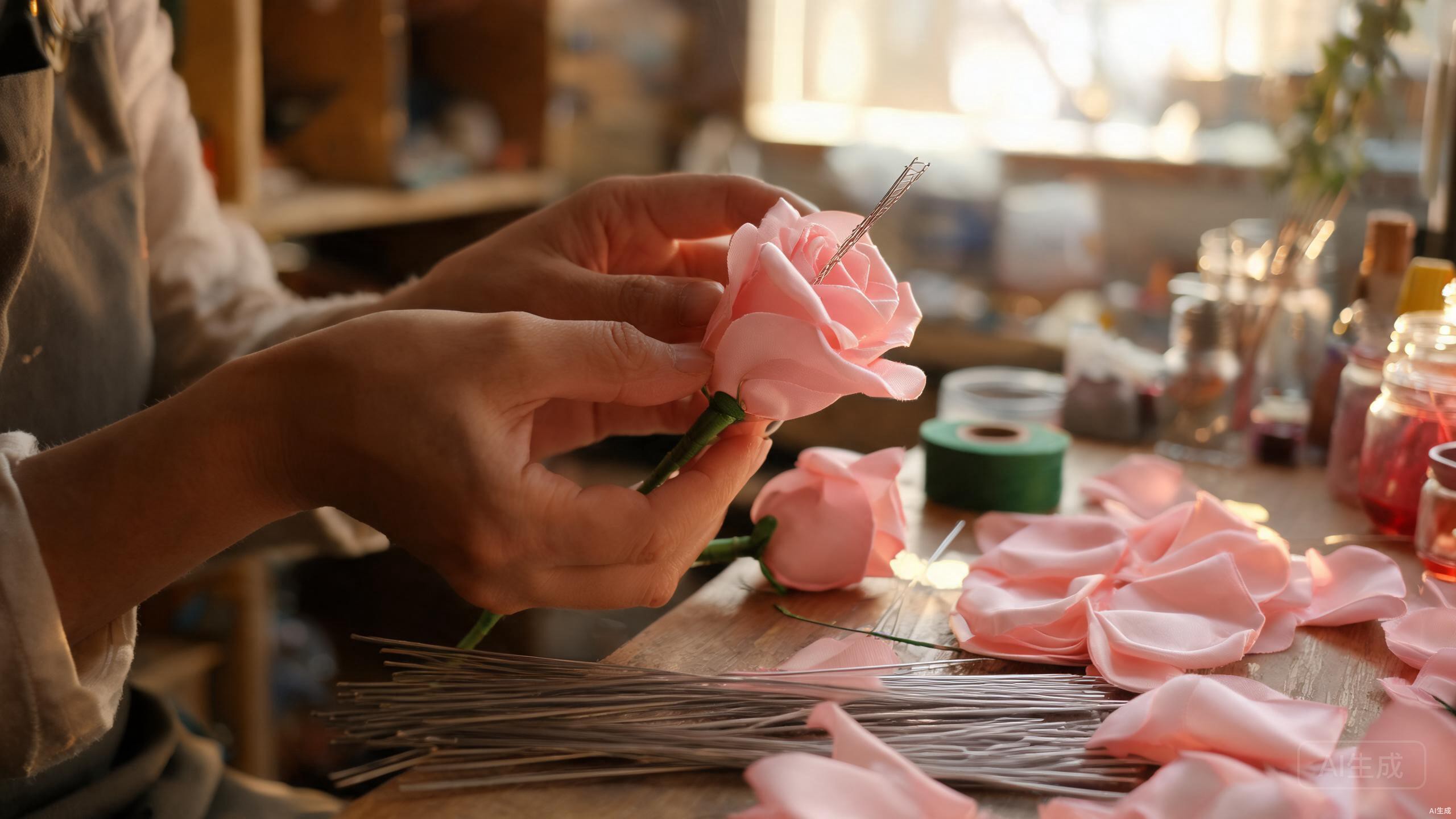 Artisan hands assembling an artificial silk rose flower by layering individual polyester petals