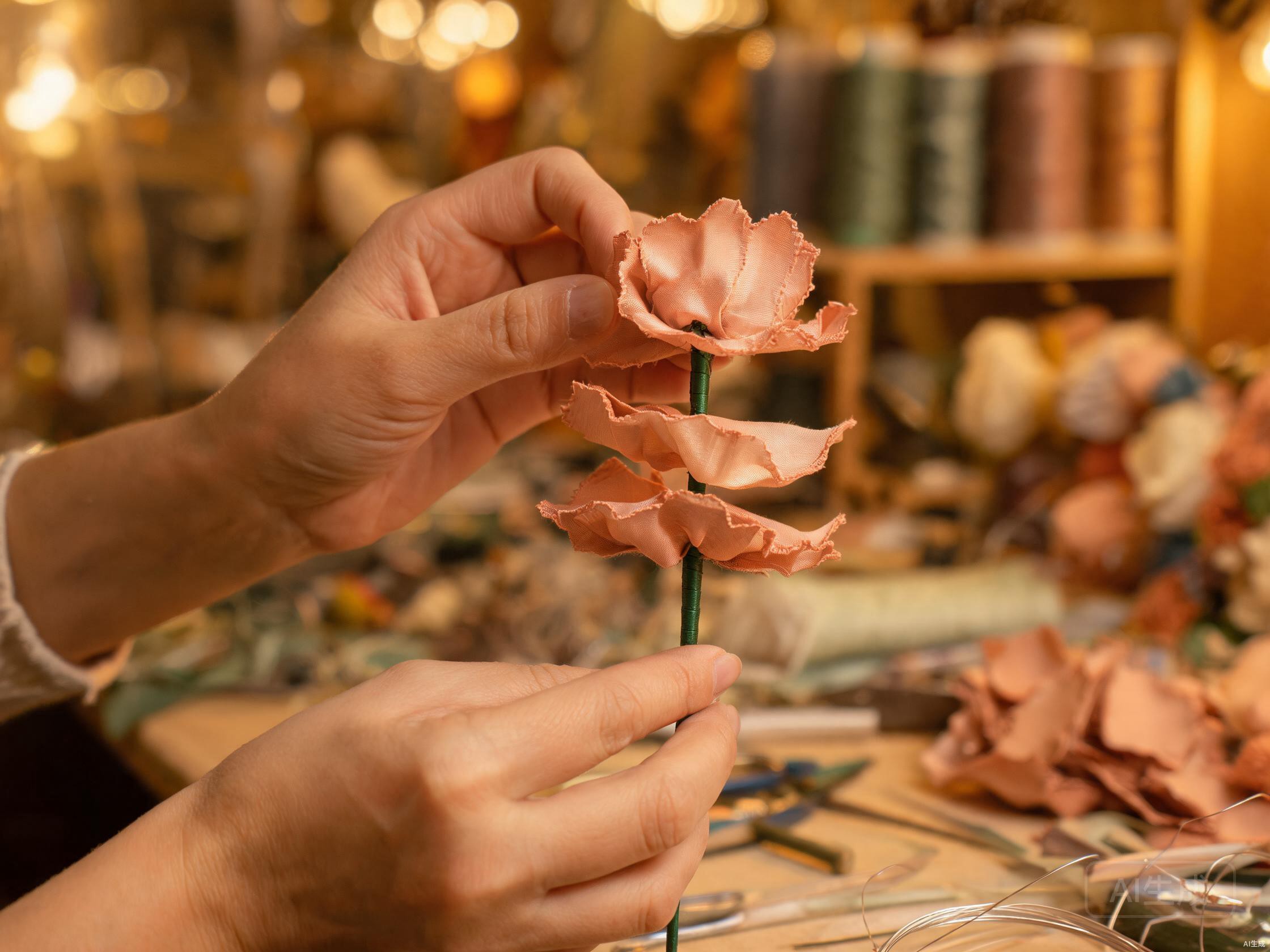Skilled artisan hands assembling polyester fabric flower petals layer by layer around a wire stem