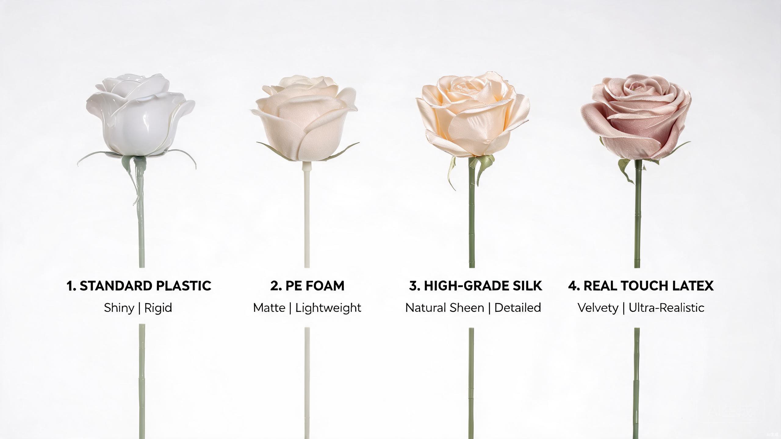 Four artificial flower stems side by side comparing plastic, PE foam, silk, and Real Touch latex materials