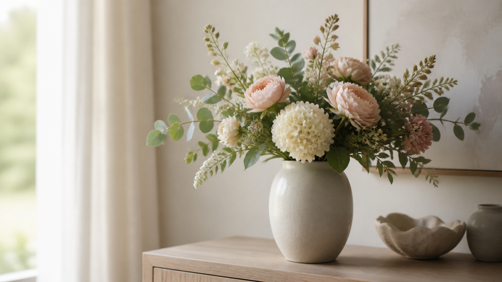 Illustrative faux floral arrangement in a neutral ceramic vase.