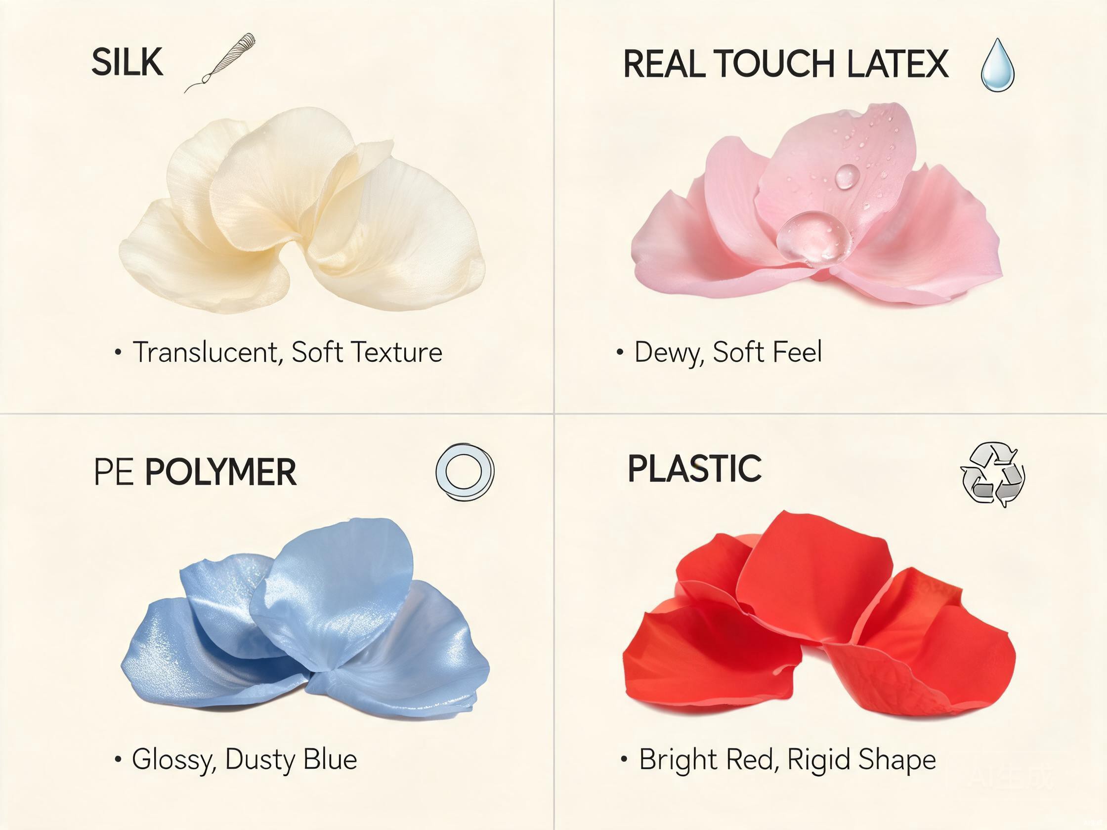 Comparison of four artificial flower materials: silk, real touch latex, PE polymer, and plastic