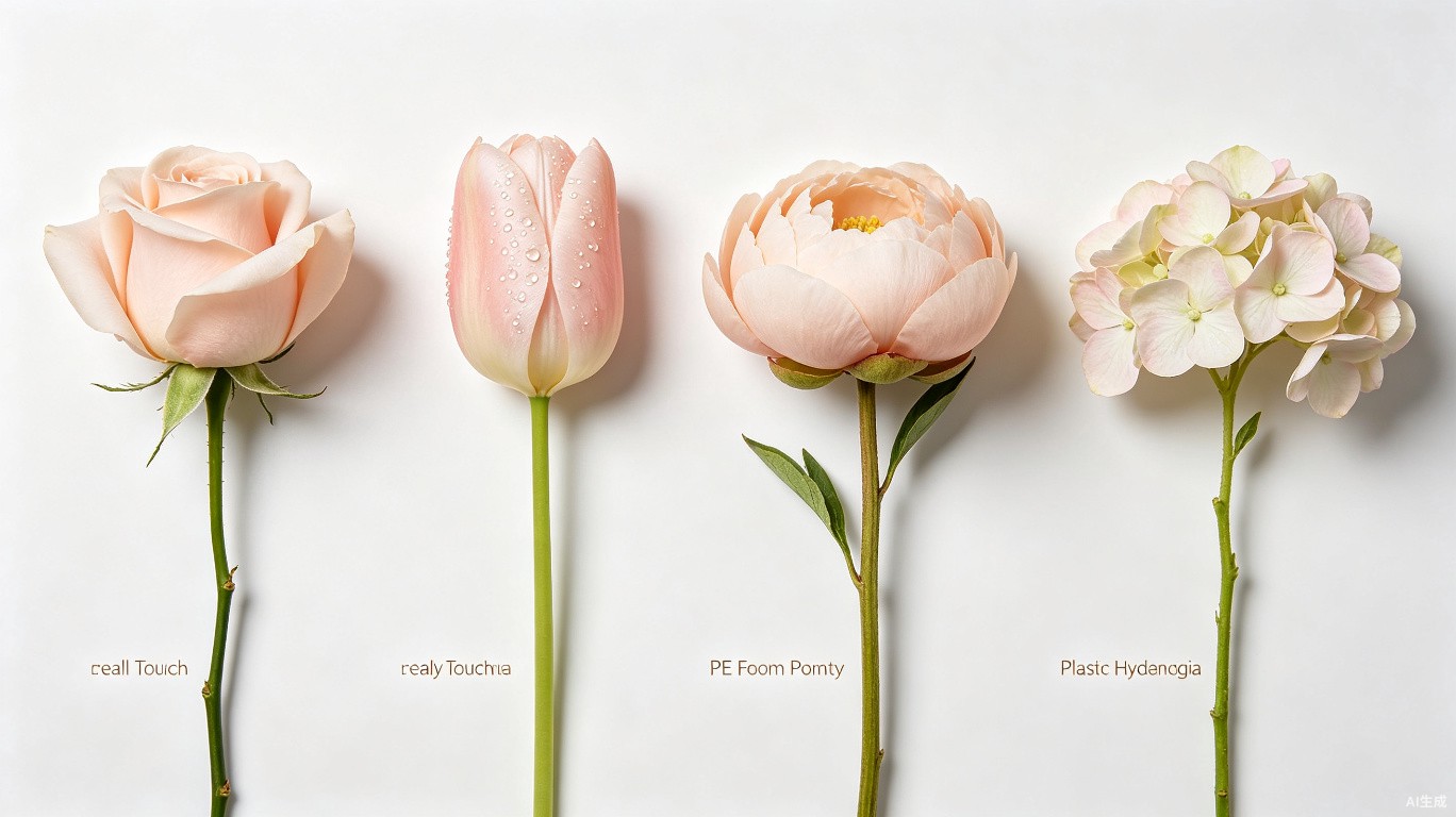 Four panels showing different artificial flower materials: polyester silk, real touch latex, PE foam, and plastic petals