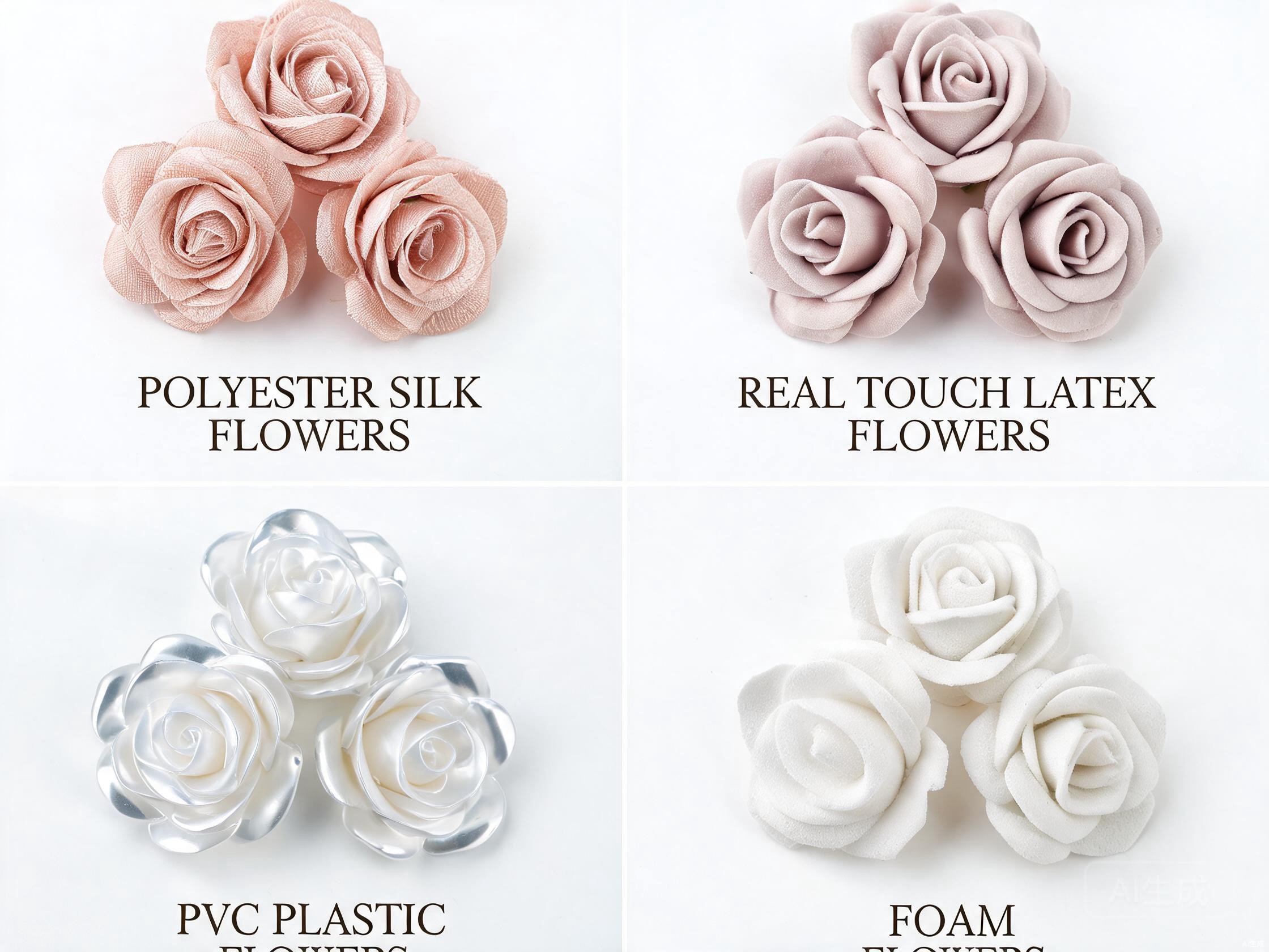 Comparison of four artificial flower material types: polyester silk, real touch latex, plastic PVC, and foam