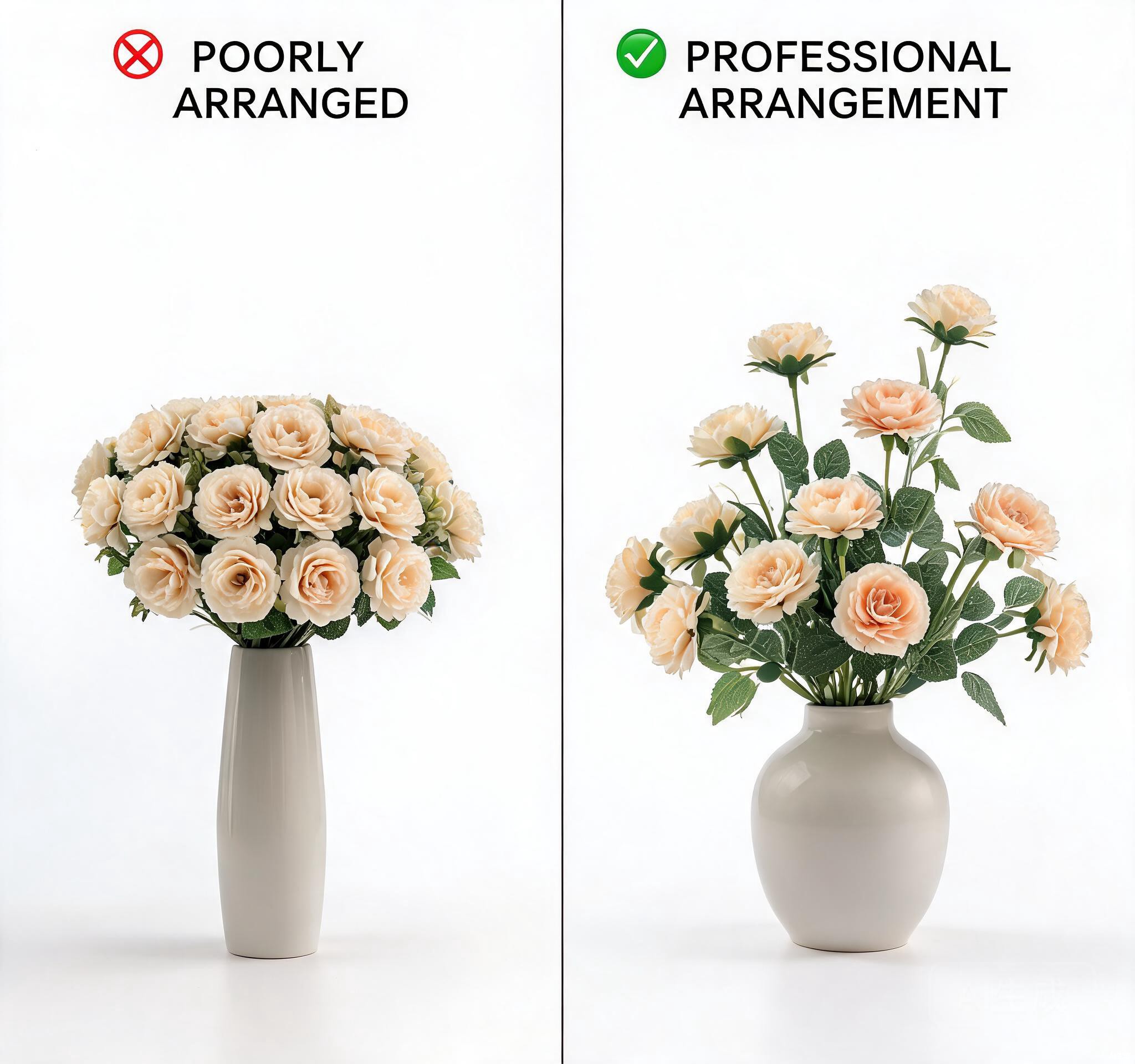 Side-by-side comparison: poorly arranged artificial flowers on the left vs professionally arranged on the right