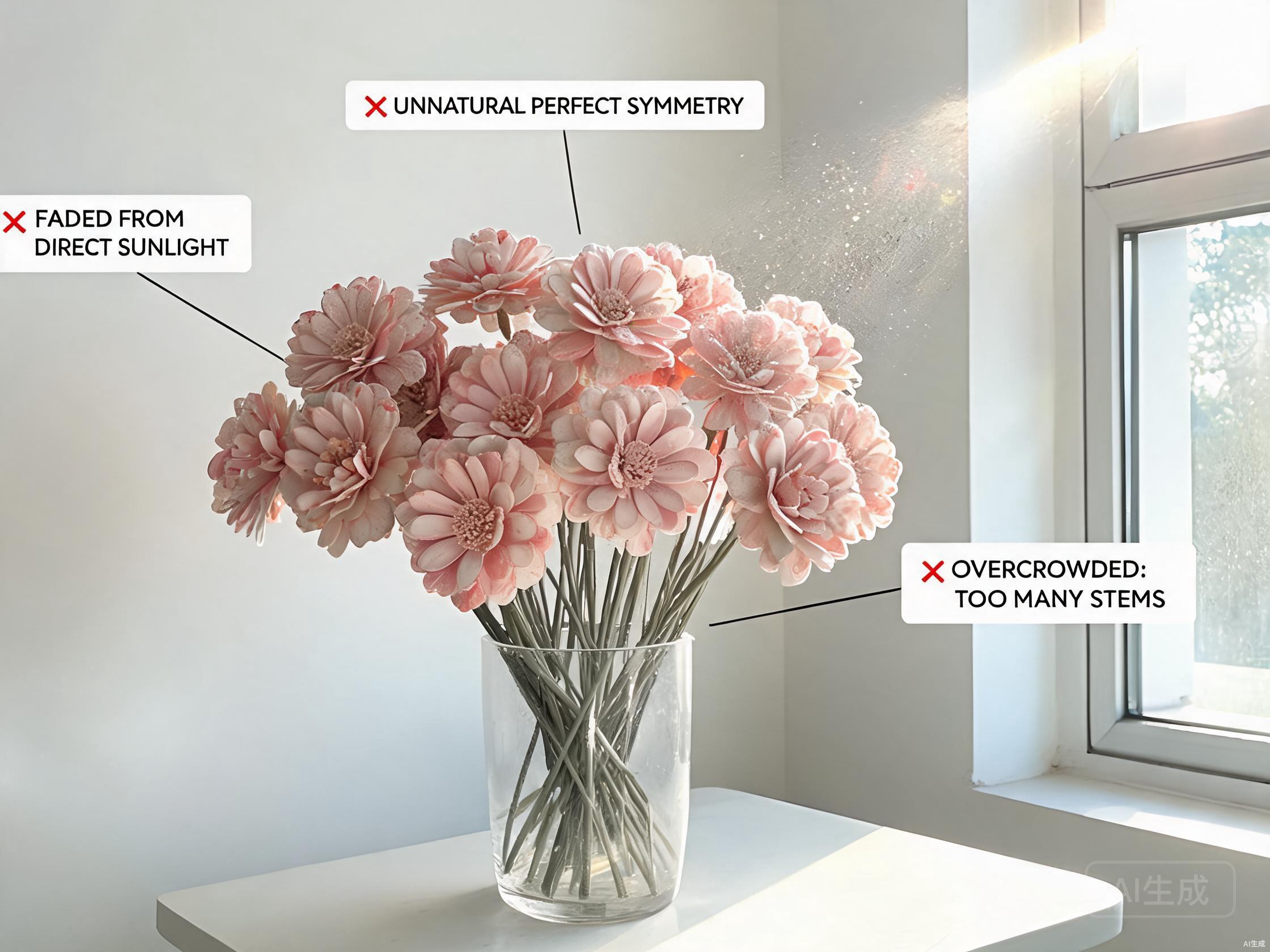 Common mistakes that make fake flowers look cheap: dust, fading, overcrowding, and unnatural symmetry