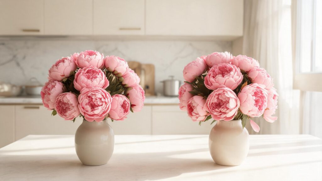 two pink peony bouquets in ceramic vases comparing fresh and artificial blooms on a kitchen counter