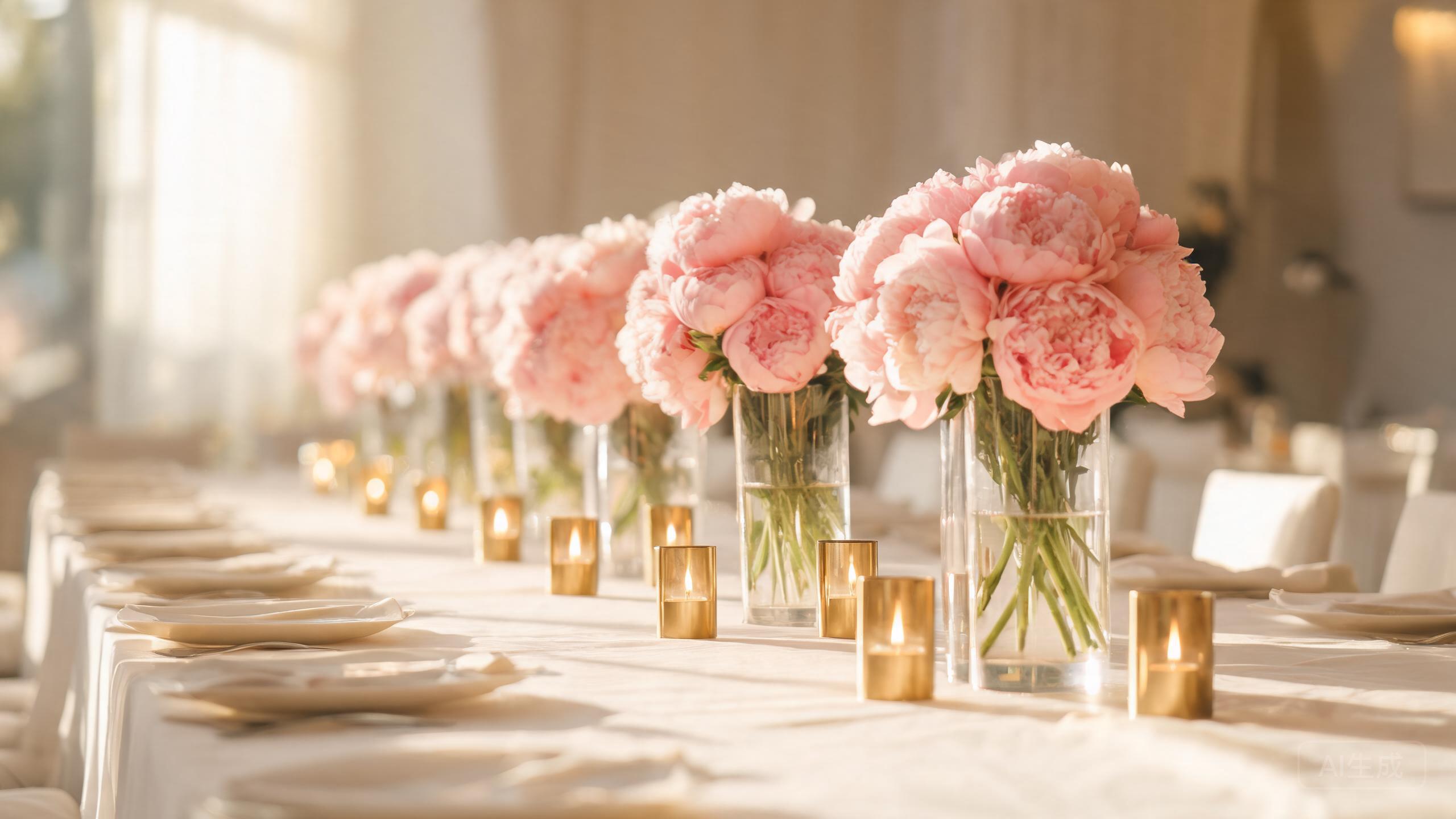 blush pink peony centerpieces in glass vases on an elegant wedding reception table