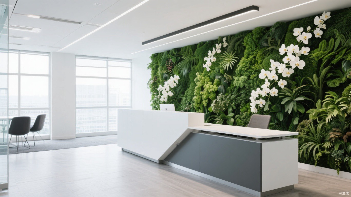 Modern office reception with green wall