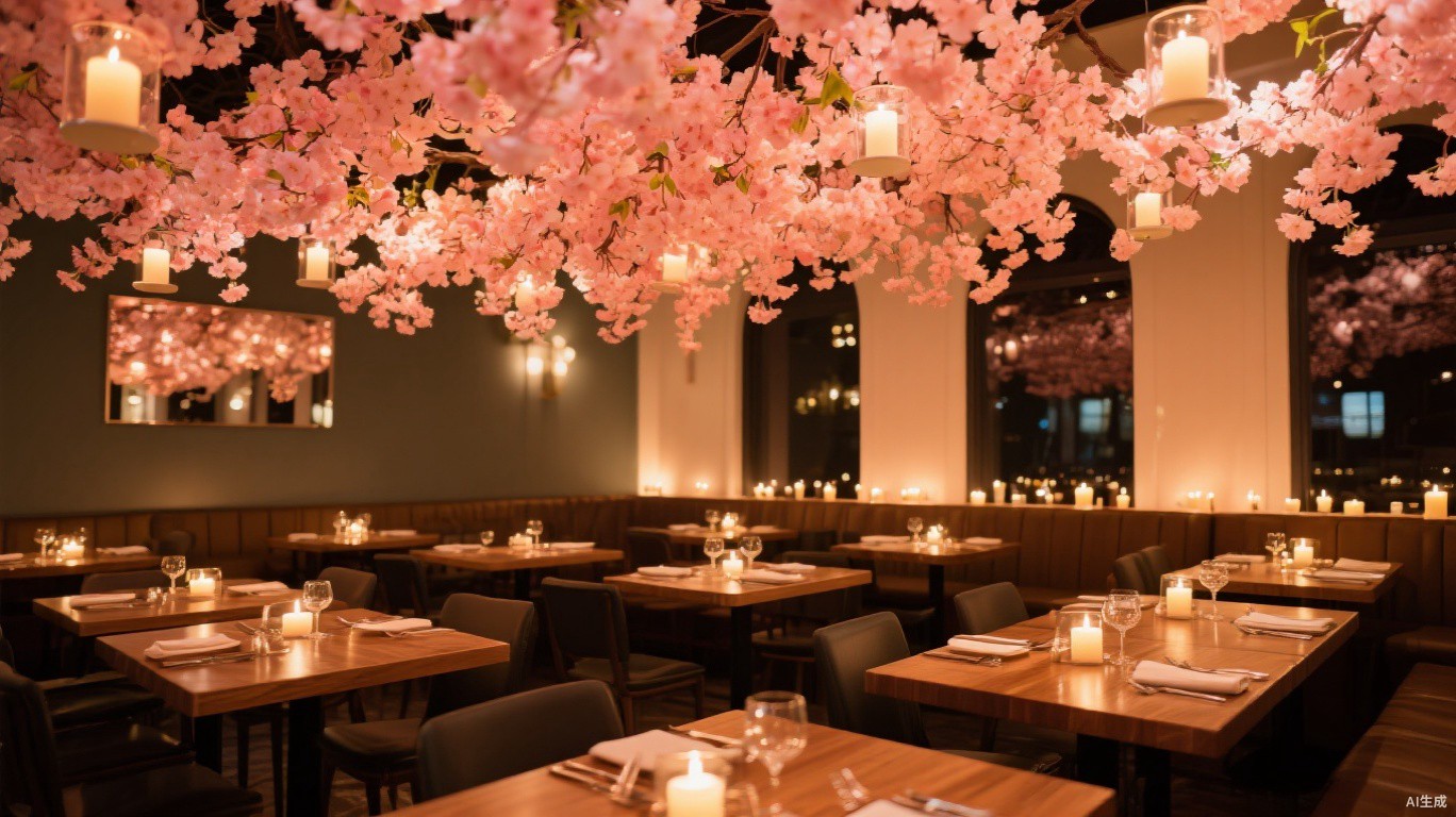 Fine dining restaurant with floral ceiling