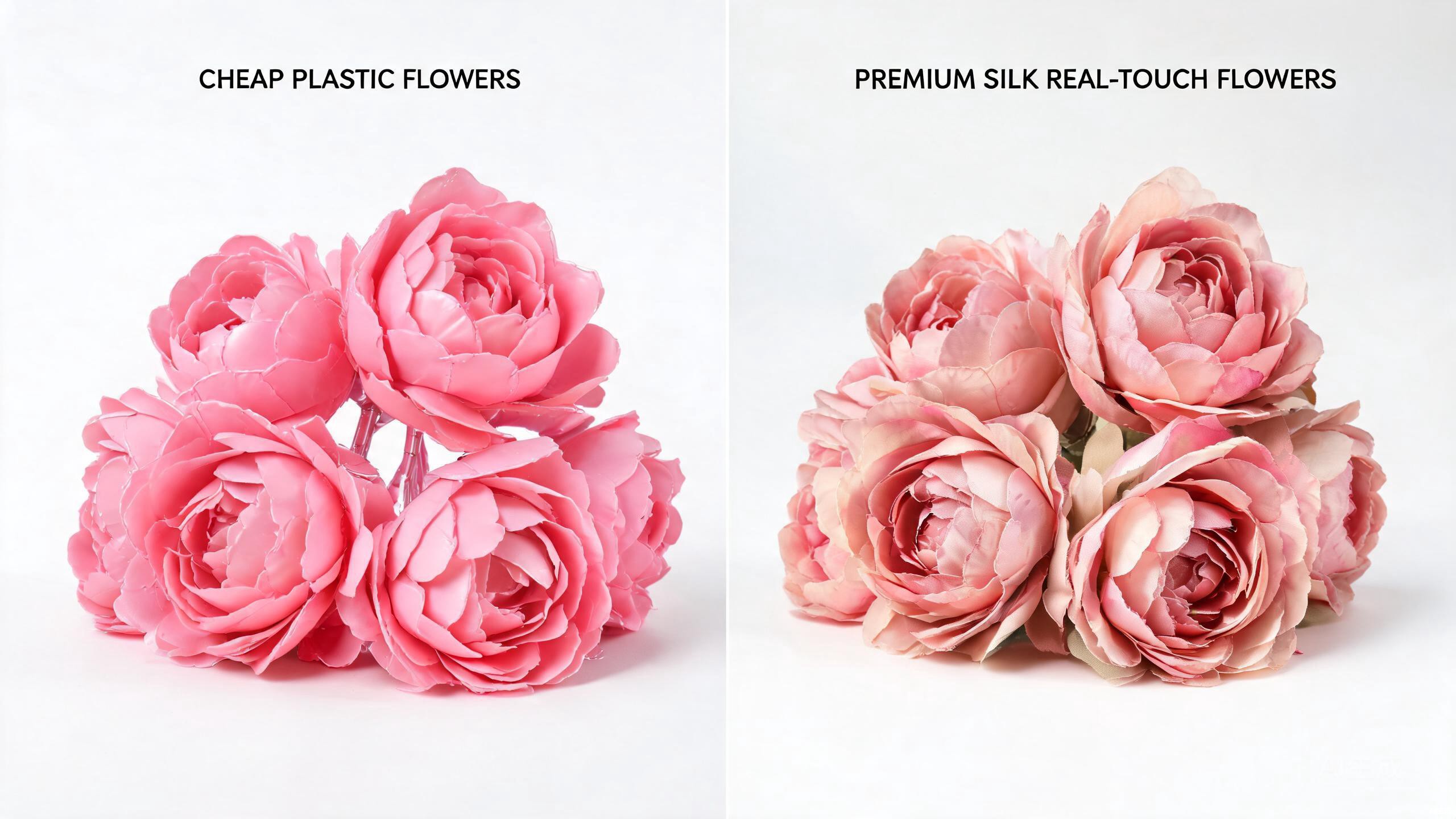 Side-by-side comparison: cheap plastic flowers vs premium real touch silk flowers