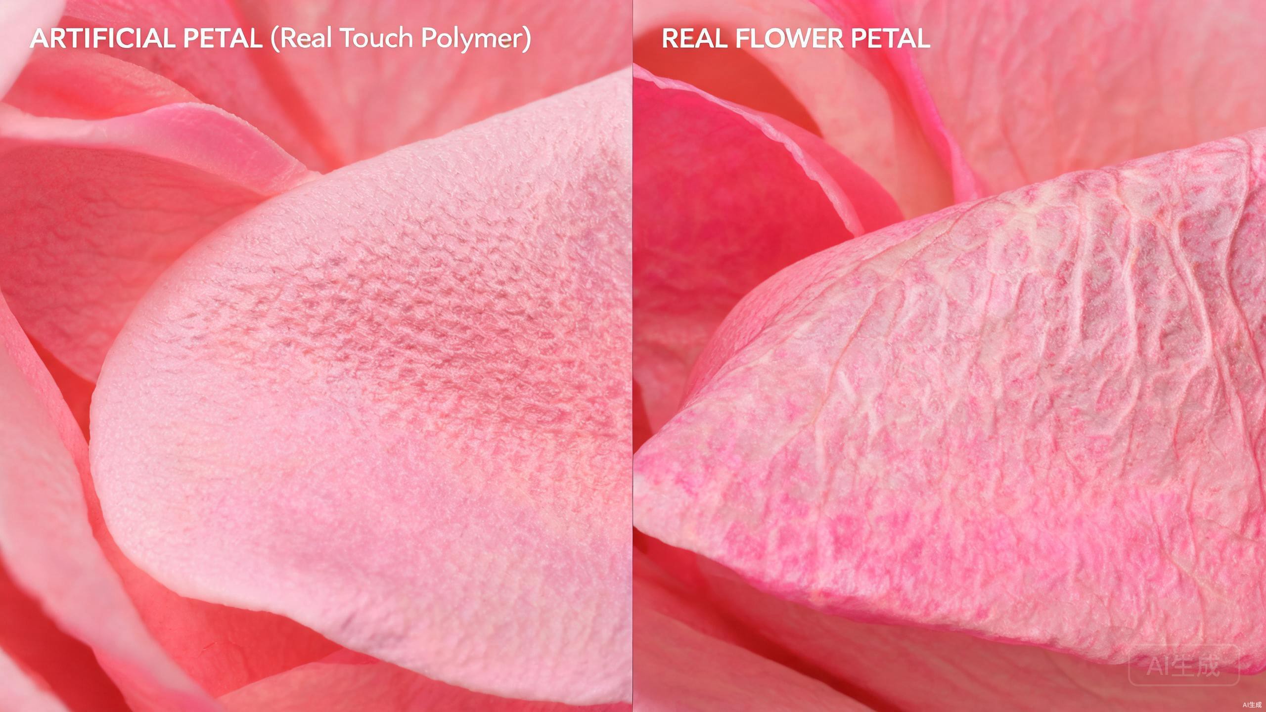 Macro close-up comparing Real Touch artificial flower petal texture with a real flower petal