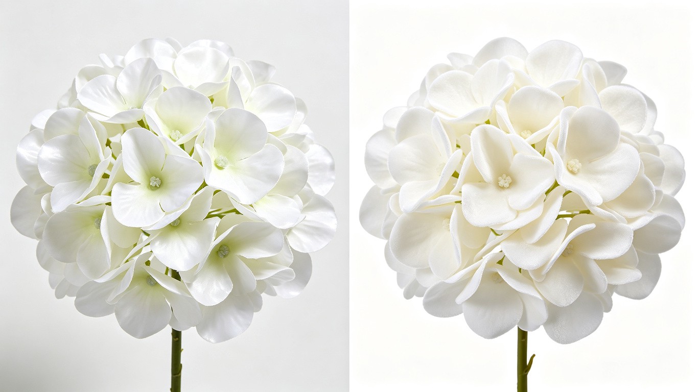 Side-by-side comparison showing the visual difference between cheap fake flowers and premium real touch hydrangea flowers