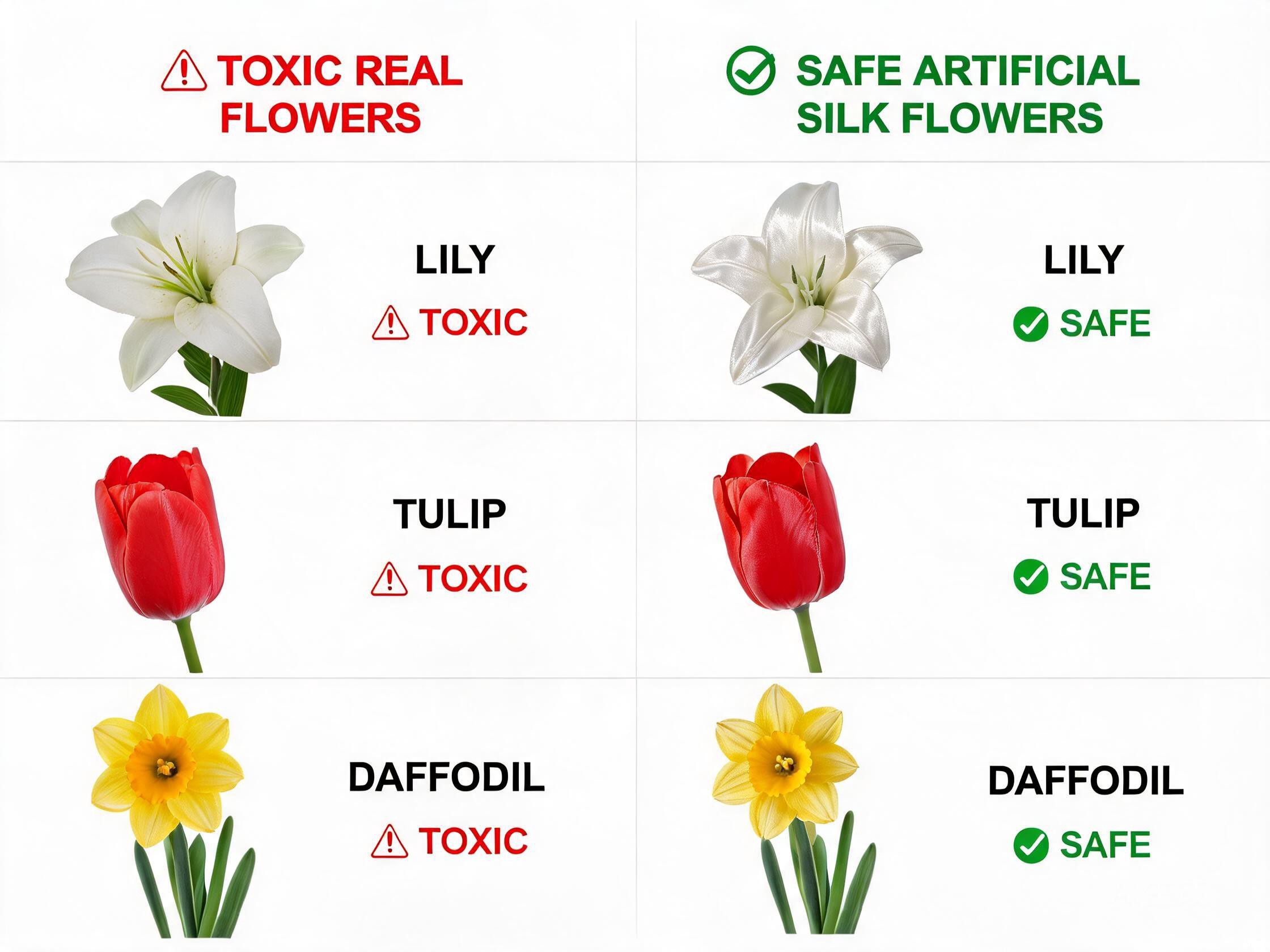 Comparison of real toxic flowers versus safe artificial silk flower alternatives for pets