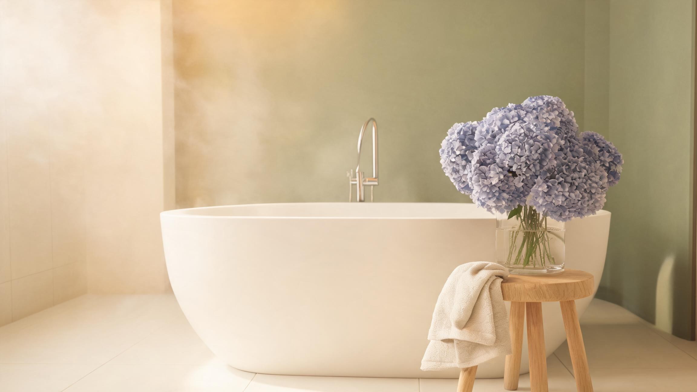 real touch hydrangea arrangement beside a white bathtub in a spa-like bathroom