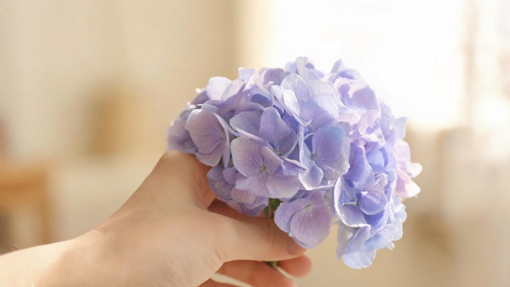 hand holding a large lavender blue real touch hydrangea bloom in soft indoor light
