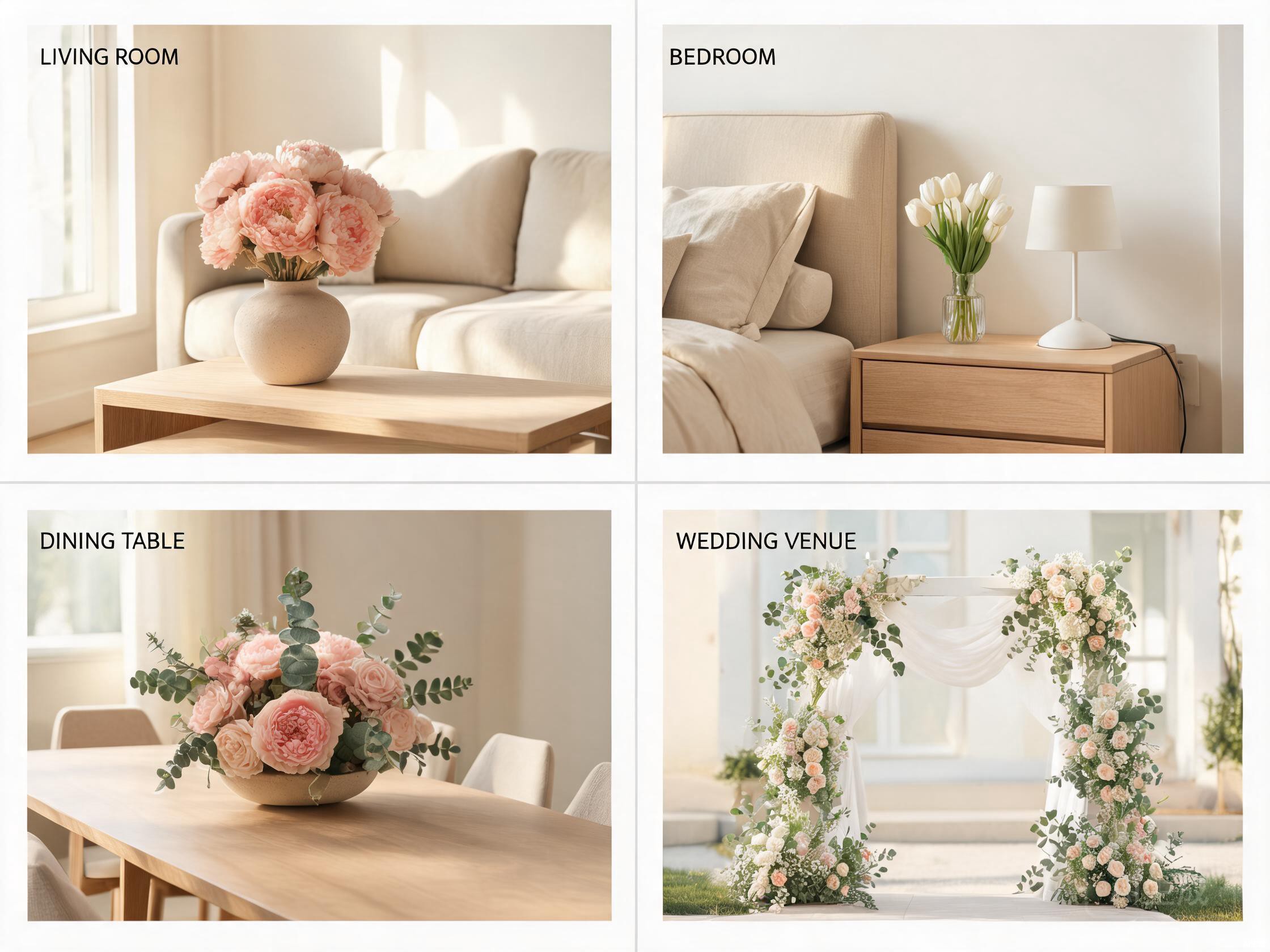 Four room scenes with artificial flowers: living room, bedroom, dining table, and wedding venue