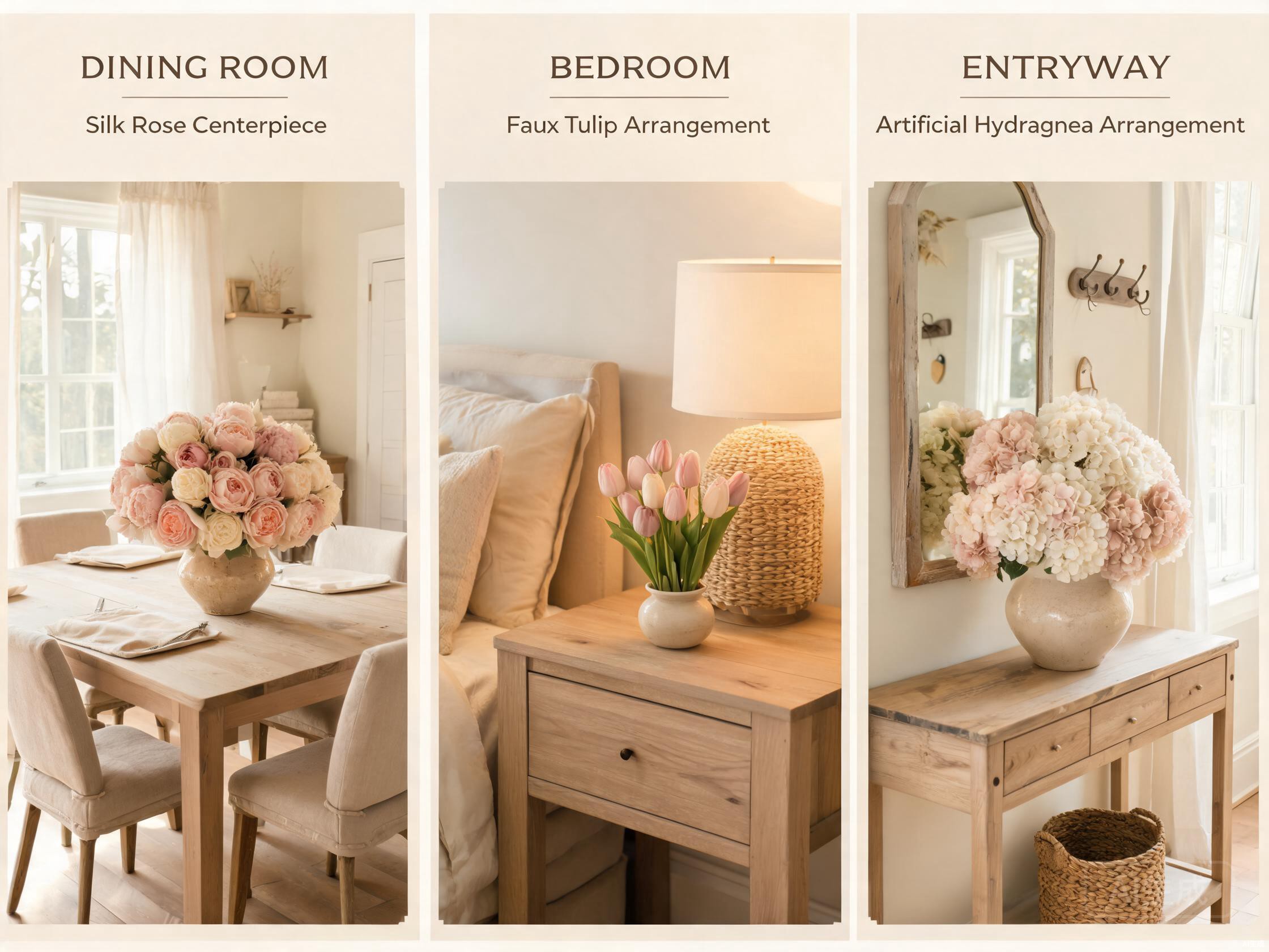 Three different rooms beautifully styled with artificial flower arrangements