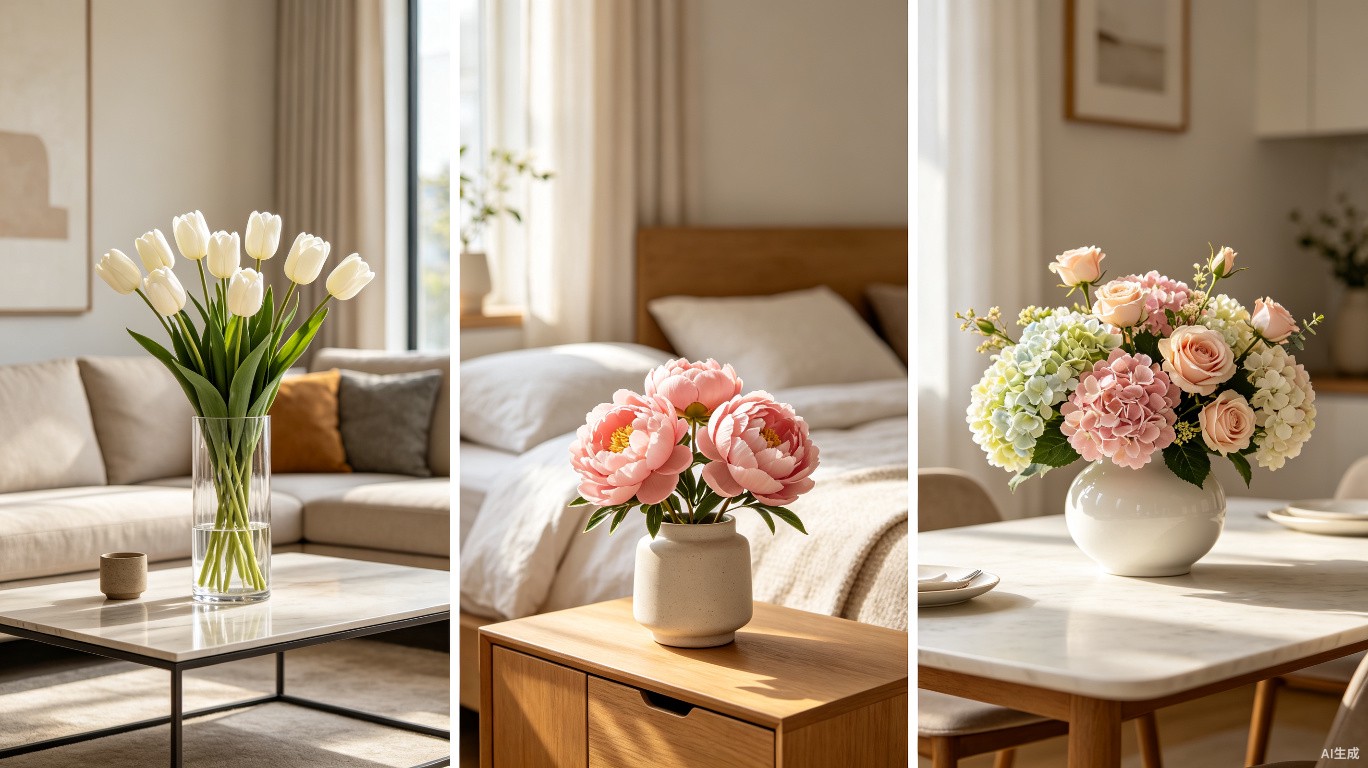 Three room scenes: living room with white tulips in glass vase, bedroom with pink peonies on nightstand, dining room with mixed hydrangea and rose centerpiece
