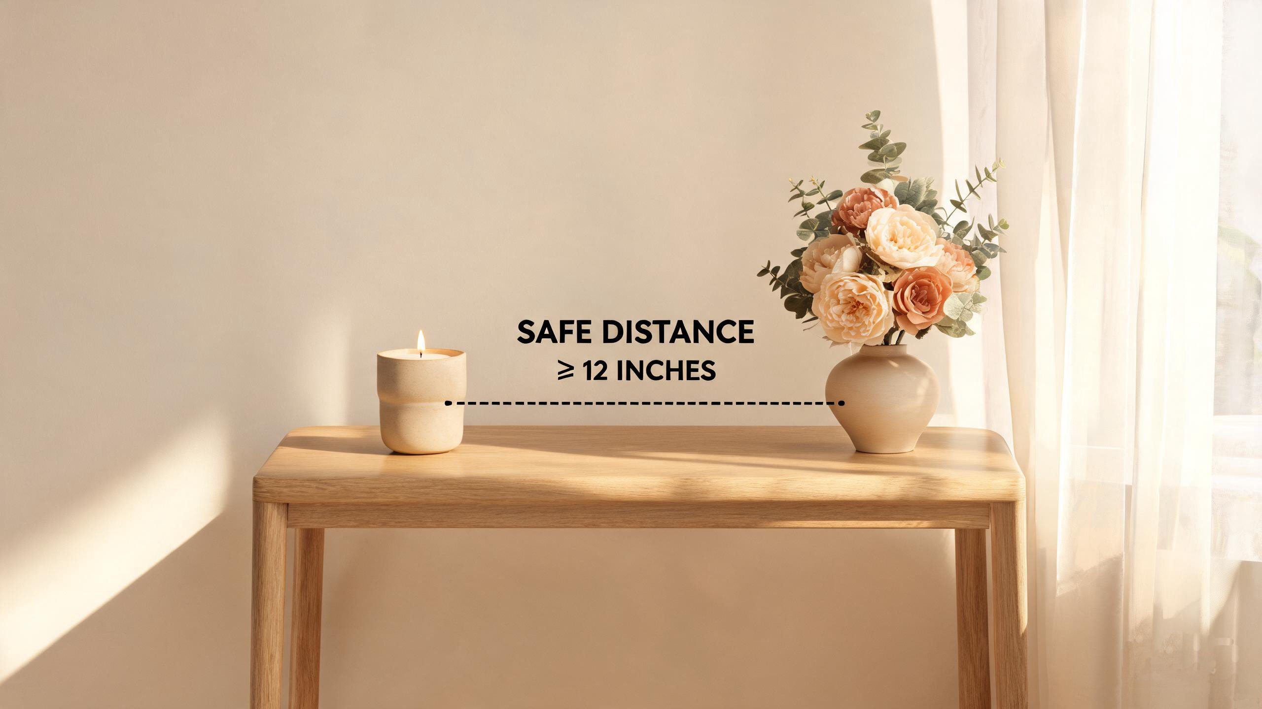 Artificial flowers placed at a safe distance from a candle on a table — proper fire safety placement