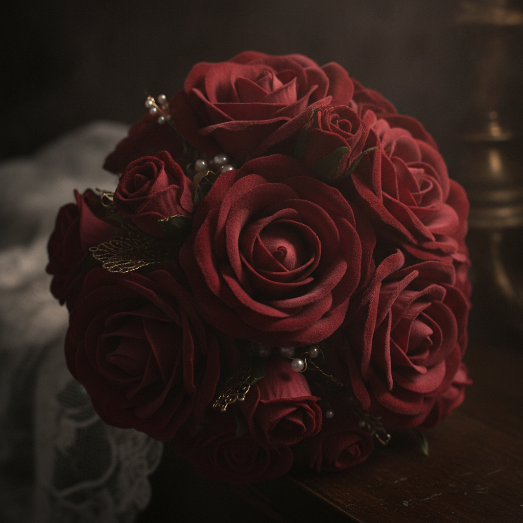 Close-up texture detail of crimson velvet artificial roses - BloomWitness