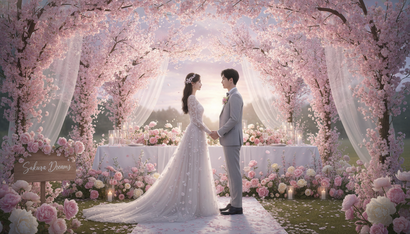 Dreamy pink artificial cherry blossoms in fairytale wedding ceremony setting - BloomWitness
