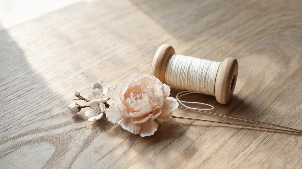 traditional handmade Chinese silk flower hairpin with thread spool on wood