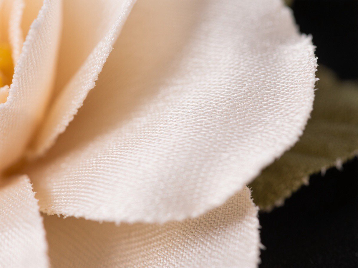 Macro close-up of a silk flower petal showing woven polyester fabric texture