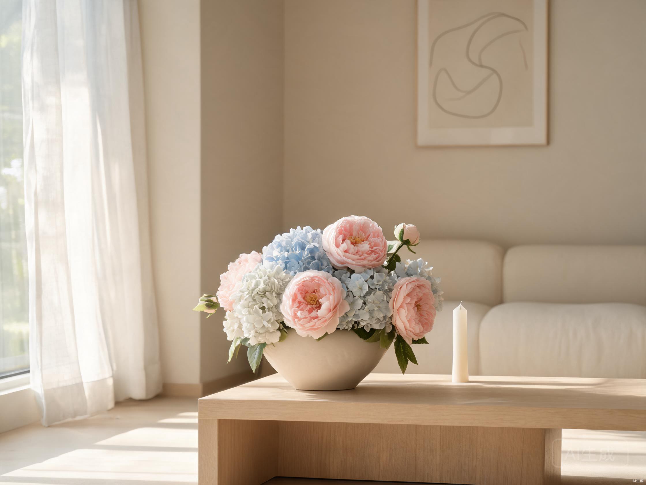Beautifully styled artificial flower arrangement in a modern living room with silk hydrangeas and peonies