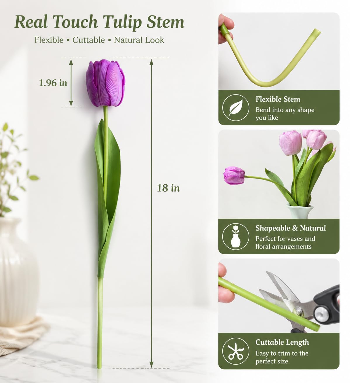 Artificial tulip color variations showing blush pink, warm orange, and white with green accent options