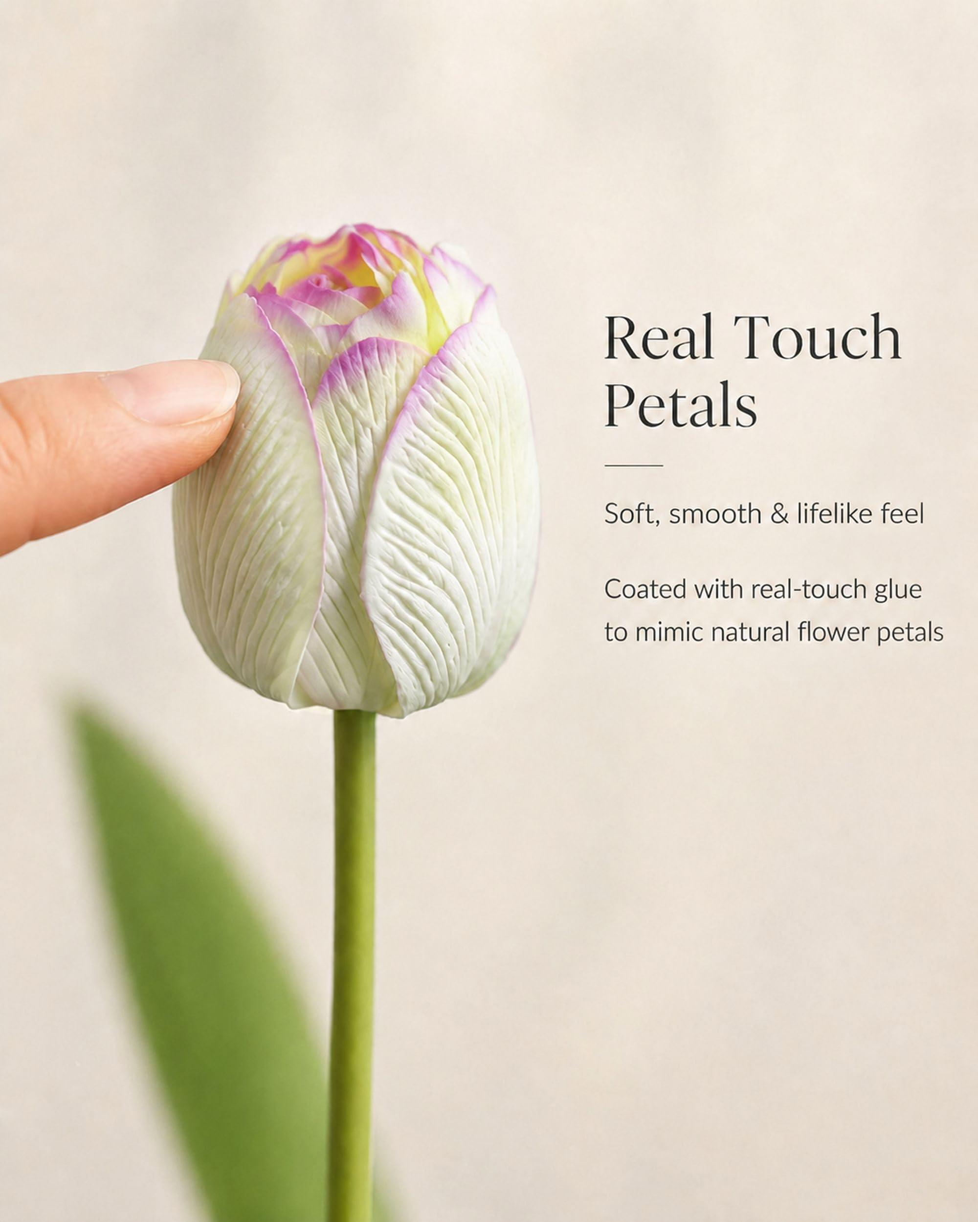 Close-up of artificial tulip petals showing hand-painted coloring and polymer-coated realistic texture