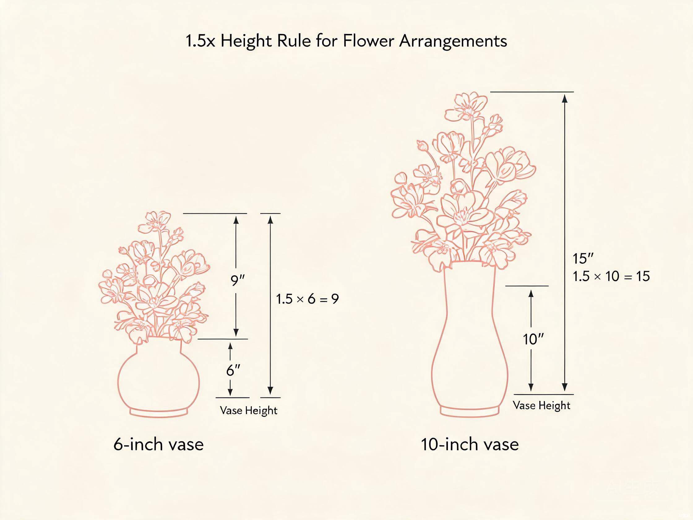 Diagram showing the 1.5x height rule for artificial flowers in vases