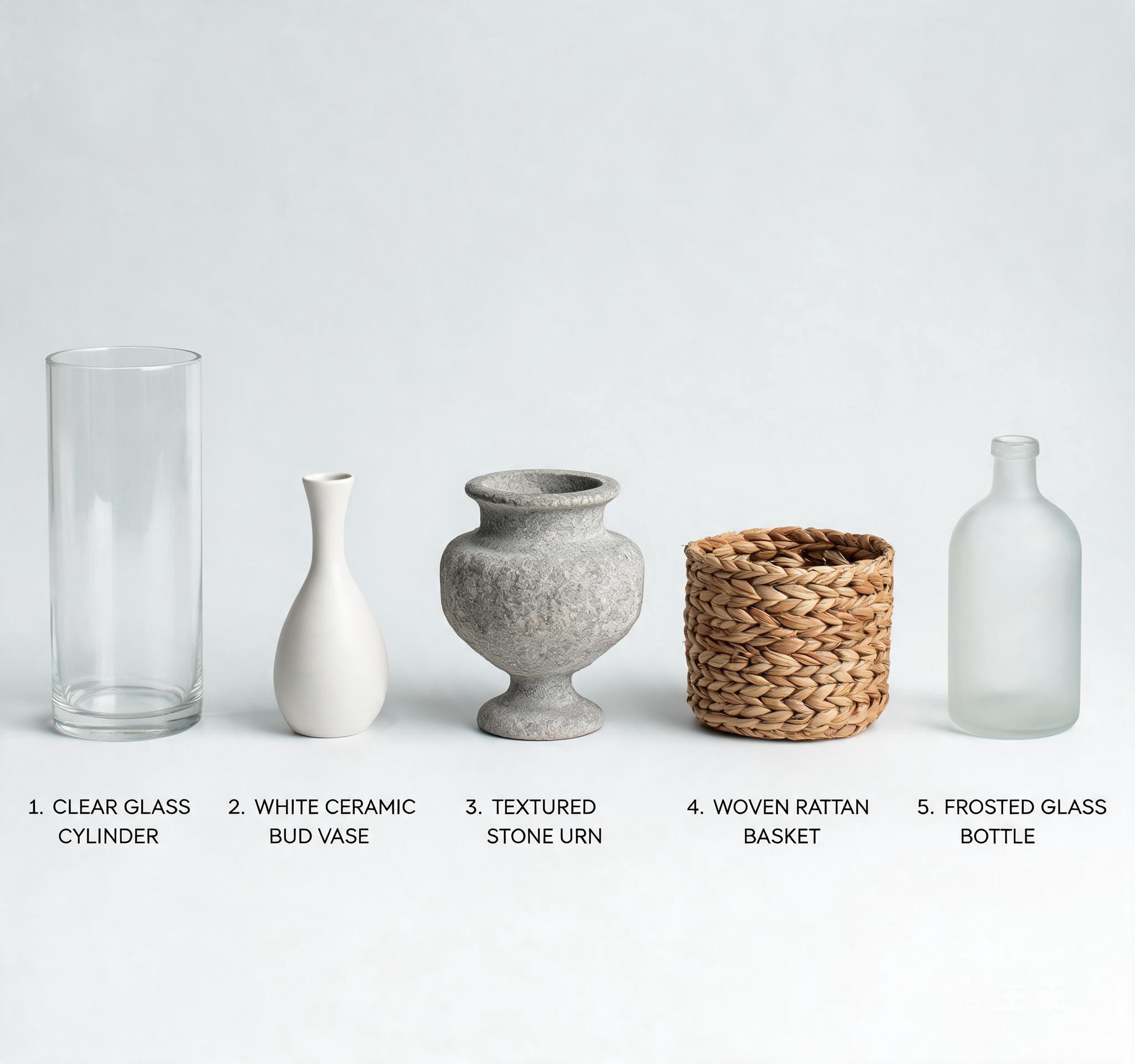 Five vase types for artificial flowers: glass cylinder, ceramic bud vase, stone urn, rattan basket, and frosted bottle