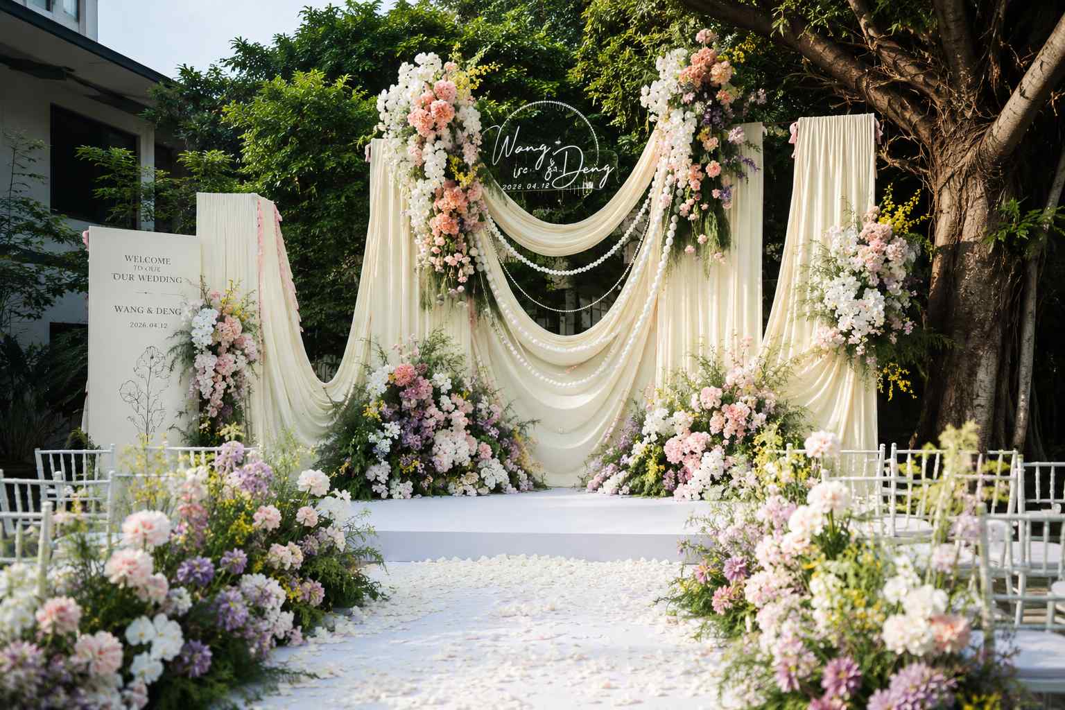 Forest style wedding ceremony arch with artificial flower arrangements - BloomWitness