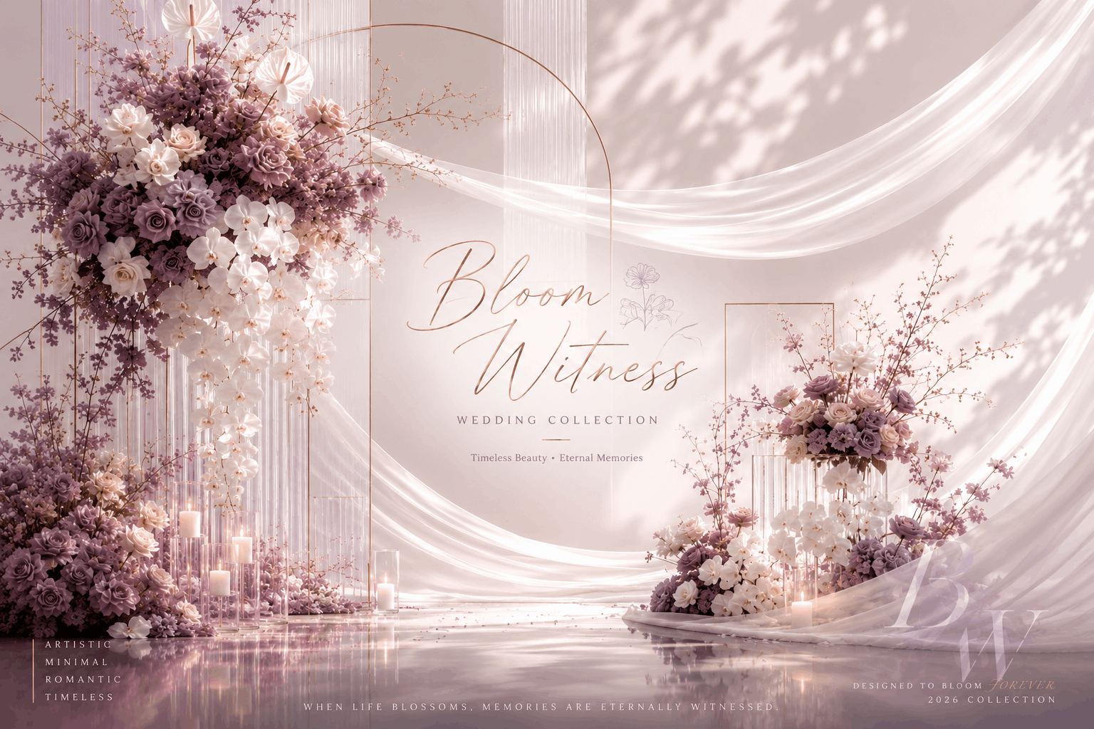 Minimalist white and gold artificial flowers in modern architectural wedding setting - BloomWitness