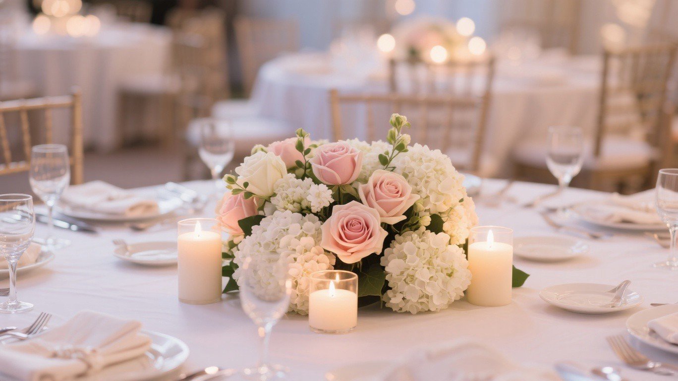 Elegant wedding table centerpiece with realistic artificial flowers and candles