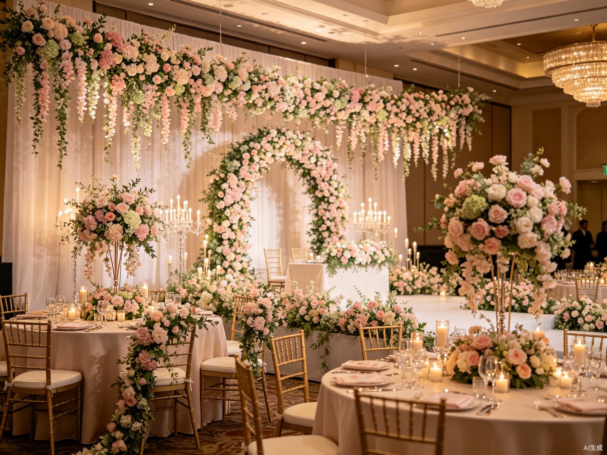 Elegant wedding reception decorated with artificial flower centerpieces, arch, and hanging arrangements