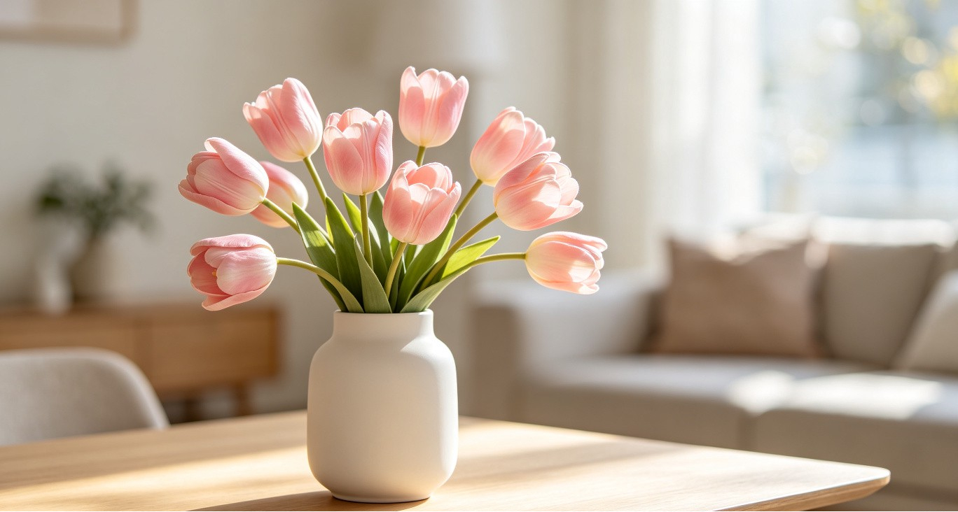 BloomWitness Artisan Tulips in a white vase on a sunlit table